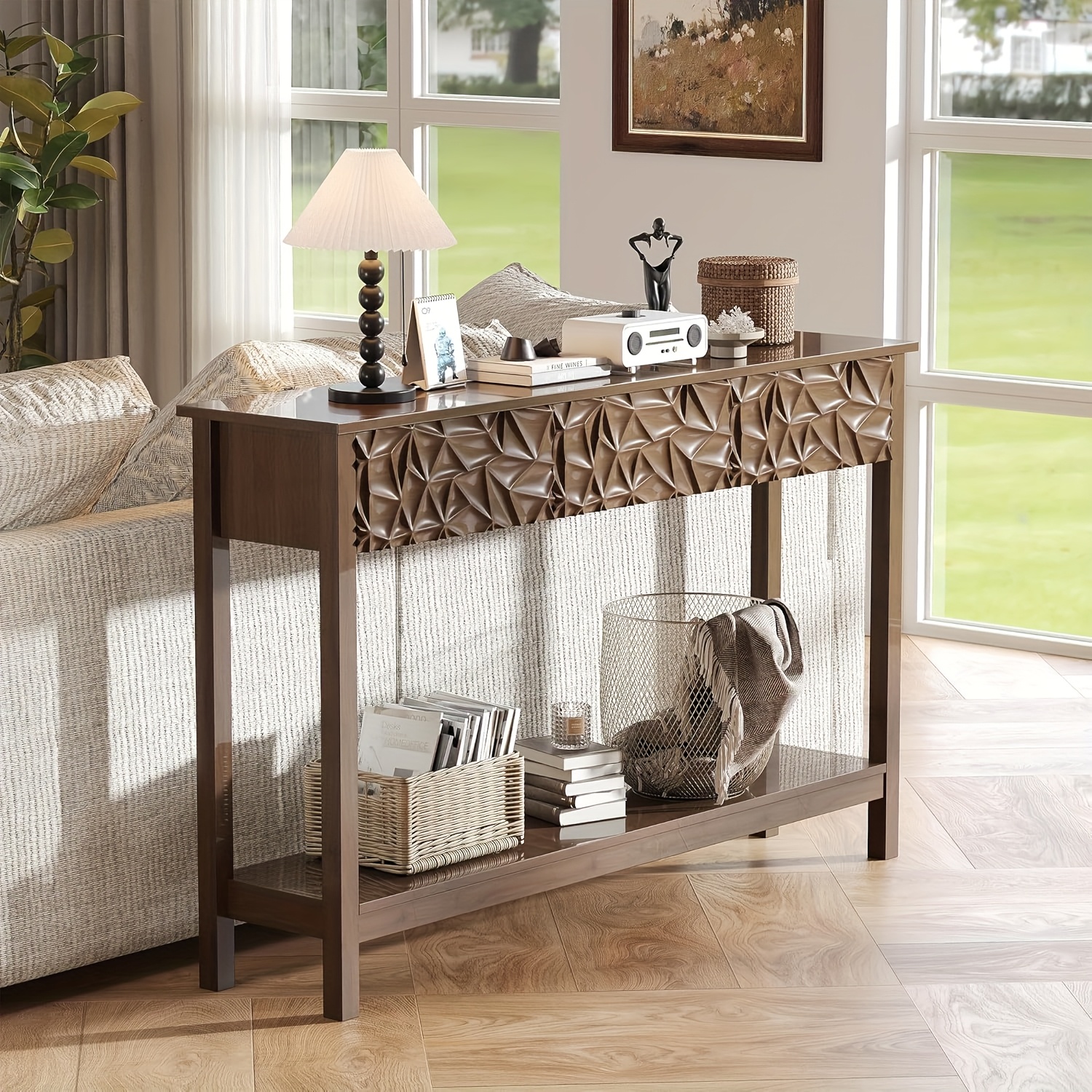 Kinder King 51 Inch Modern Console Table Farmhouse Entryway Table with 3 Drawers Narrow Wood Entry Way Table with Open Storage Shelf Long Sofa Table Behind Couch for Hallway, Foyer, Living Room, Walnut