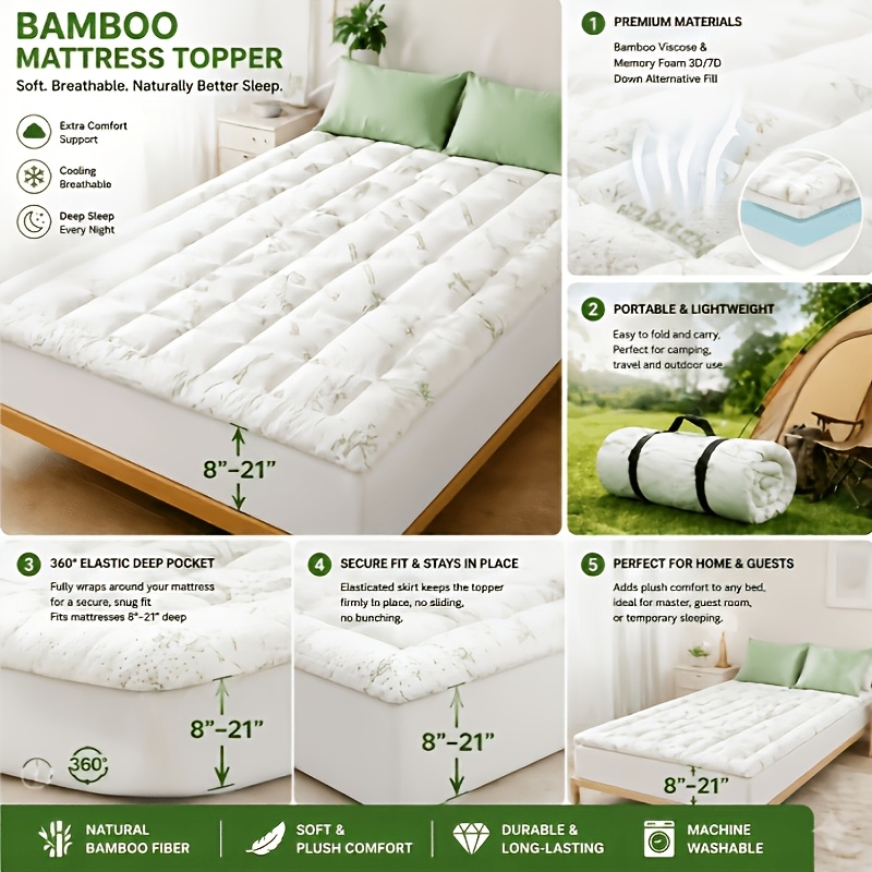 Image of Cool Bamboo Fiber Memory Foam Cushion Pad, 3- Rebound, Strong Support Pressure, Roll-packed For Easy Portability And Transport, Tenant-friendly, Suitable For Like Camping, Rv, , Bedroom, And More
