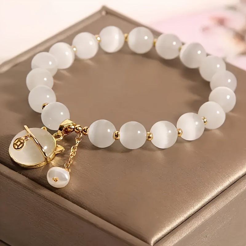 

1pc Fashionable Opal Beaded Bracelet With Cat Pendant For Women Best Friend Hand Jewelry