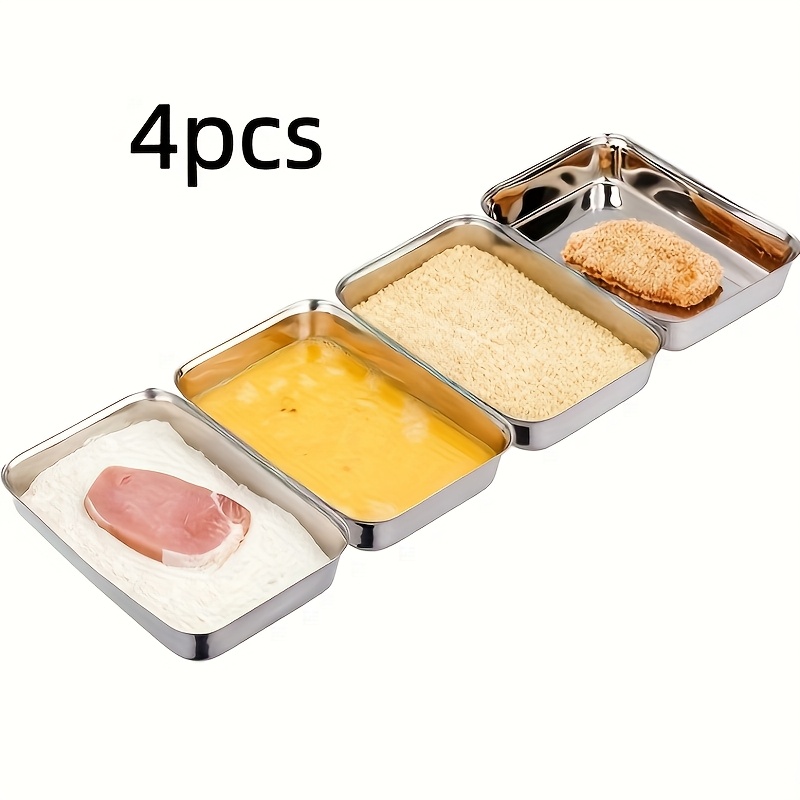 Image of 4pcs Breading Trays, Stainless Steel Breading Pans For Dredging Chicken Breasts And Marinating Meat, Food Prep Trays For Coating Fish And Breadcrumb Dishes, Oven Safe, Easy To Clean