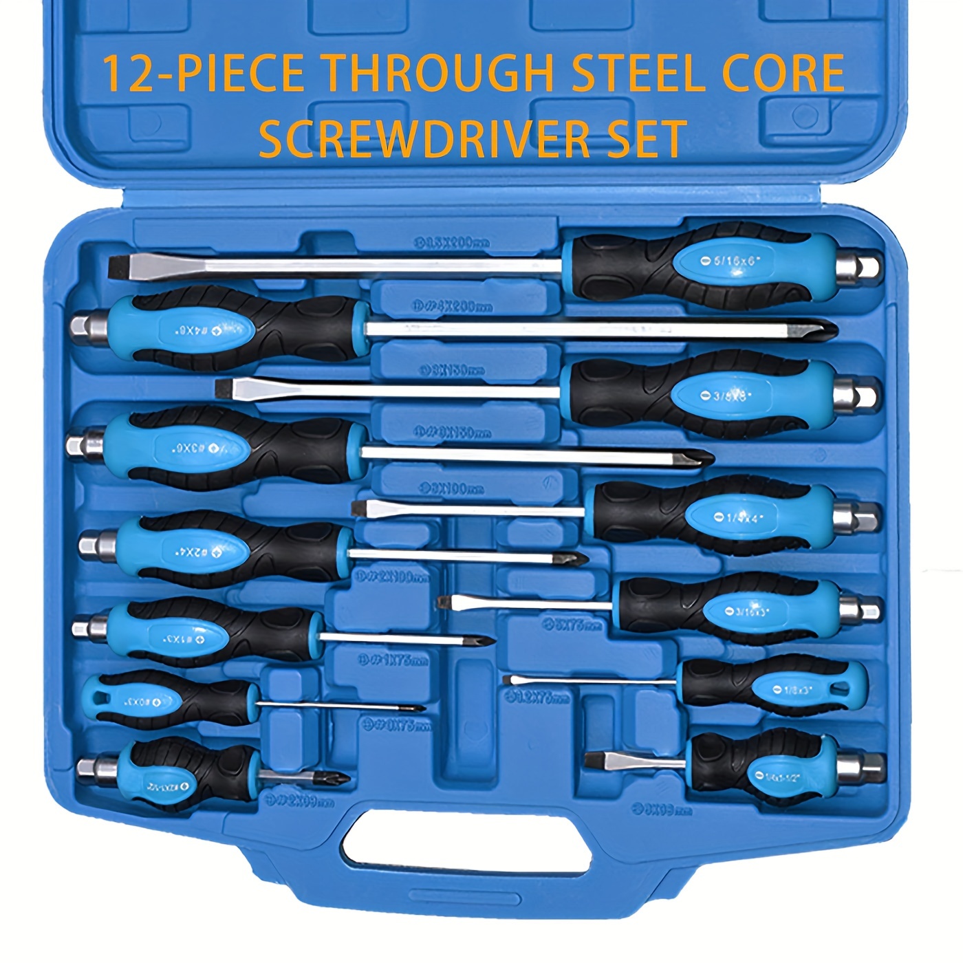 

12-piece Through Steel Core Screwdriver Set, Go-thru Steel Blade High Torque For Fastening, Chiseling Or Loosening Screws, 6 Phillips& 6 Slotted Magnetic Bit, With Carry Case