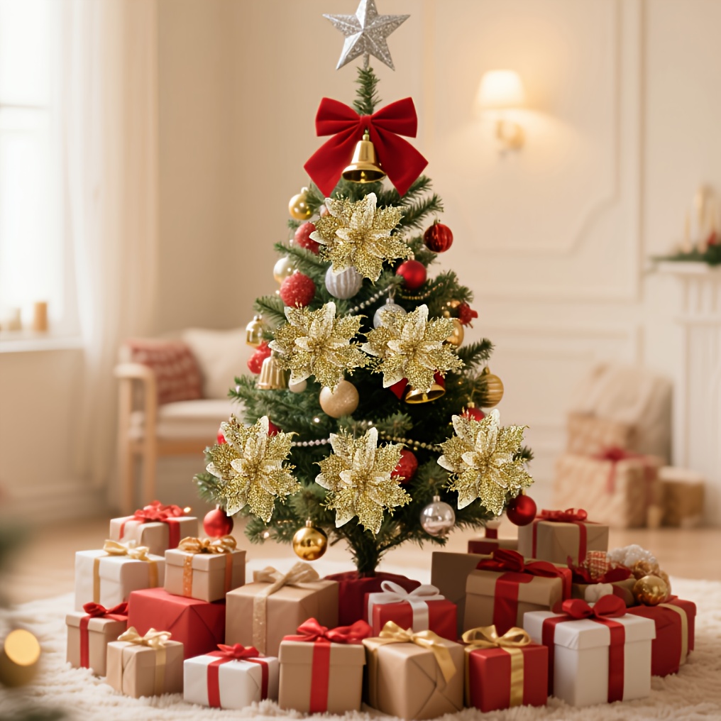 36pcs Shiny Golden Faux Christmas Poinsettia - (12 Flowers + 12 Clips + 12 Stems = 36), No Electricity Required, Perfect for Christmas Tree Decorations, Garland Embellishment, Wedding & New Year Holiday Celebrations, Seasonal Home Decor