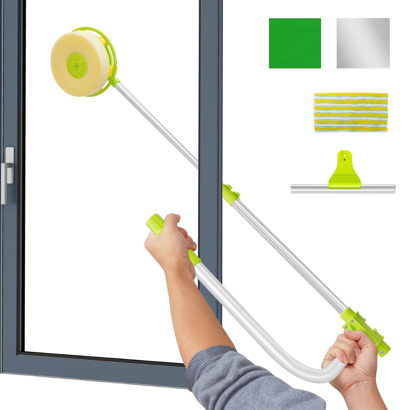 TEMU Window Cleaning Tool U Shaped Cleaner External Glass Washer Extendable Window Cleaner Squeegee Glass Wiper Sponge Head Telescopic 62-137cm