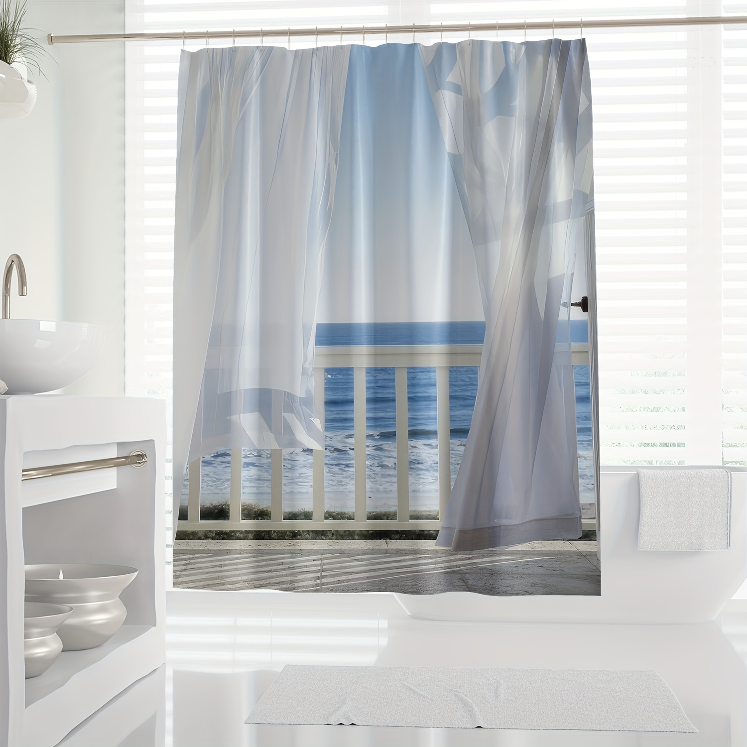 

1pc Serene Ocean View Modern Digital Print Shower Curtain, Waterproof Shower Curtain With Hooks, Machine Washable, Bathroom Decoration, Home Décor, Bathroom Accessories