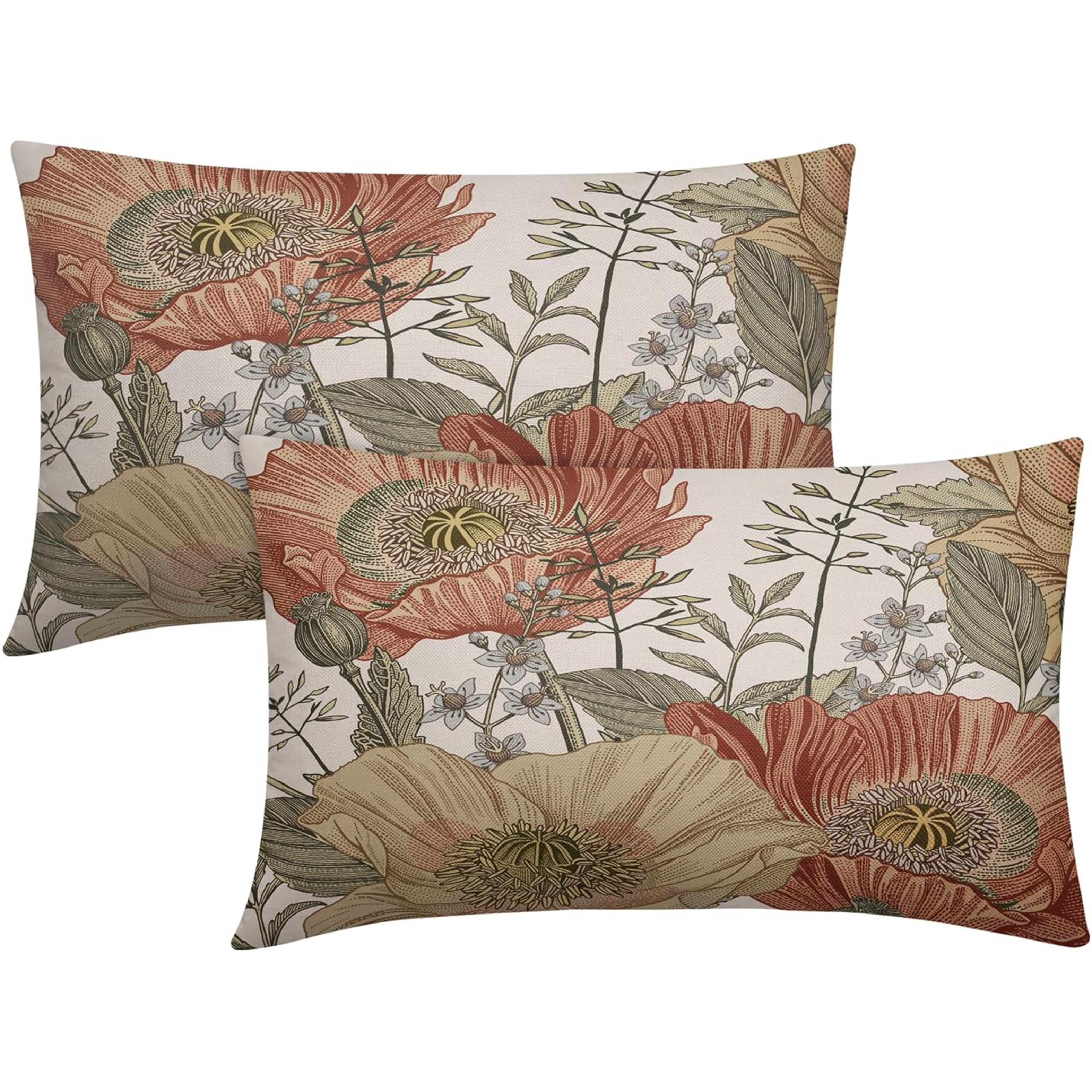 

2pcs Vintage Floral Linen Throw Pillow Covers 12x20 Inch - Rustic Botanical Design, Zip Closure, Machine Washable For Sofa & Bed Decor (pillow Not Included), Decorative Pillows