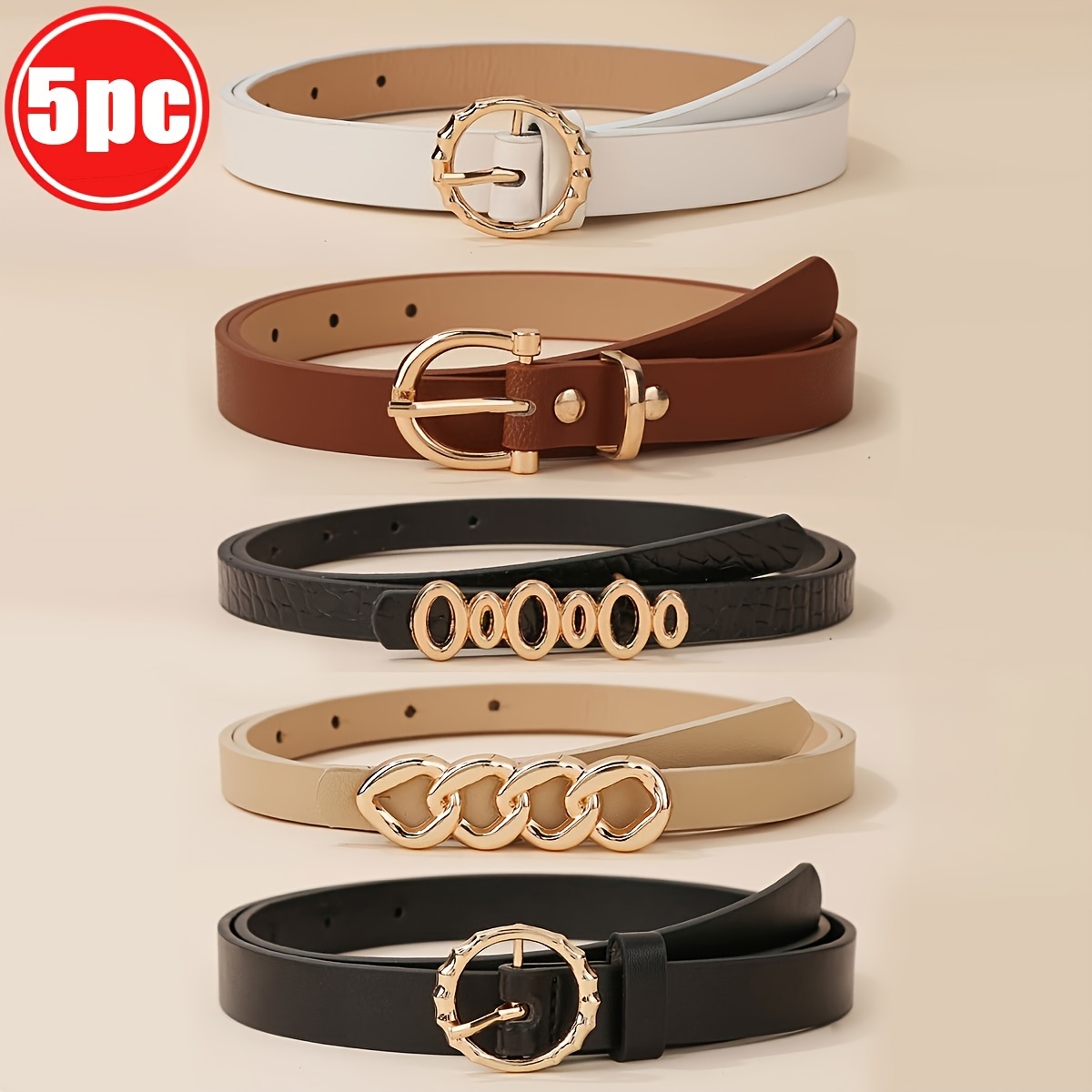 TEMU 5-pack Lvigc Women's Wide Belts With Retro Metal Circular - Adjustable Pu Leather Belts In 5 Colors (white/beige/black/brown/tan) For Casual,