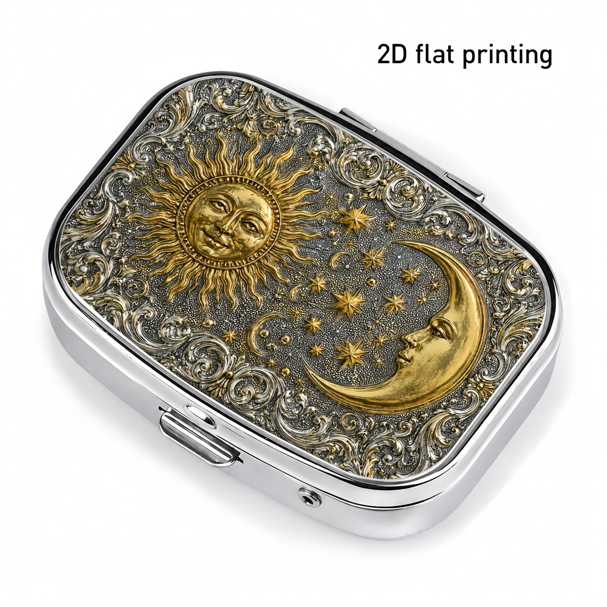 TEMU 1pc, 2d Flat Printing, Elegant Sun And Moon Embossed Pattern Square Metal Small Pill Box, Two-compartment Portable Storage Case, For Organizing