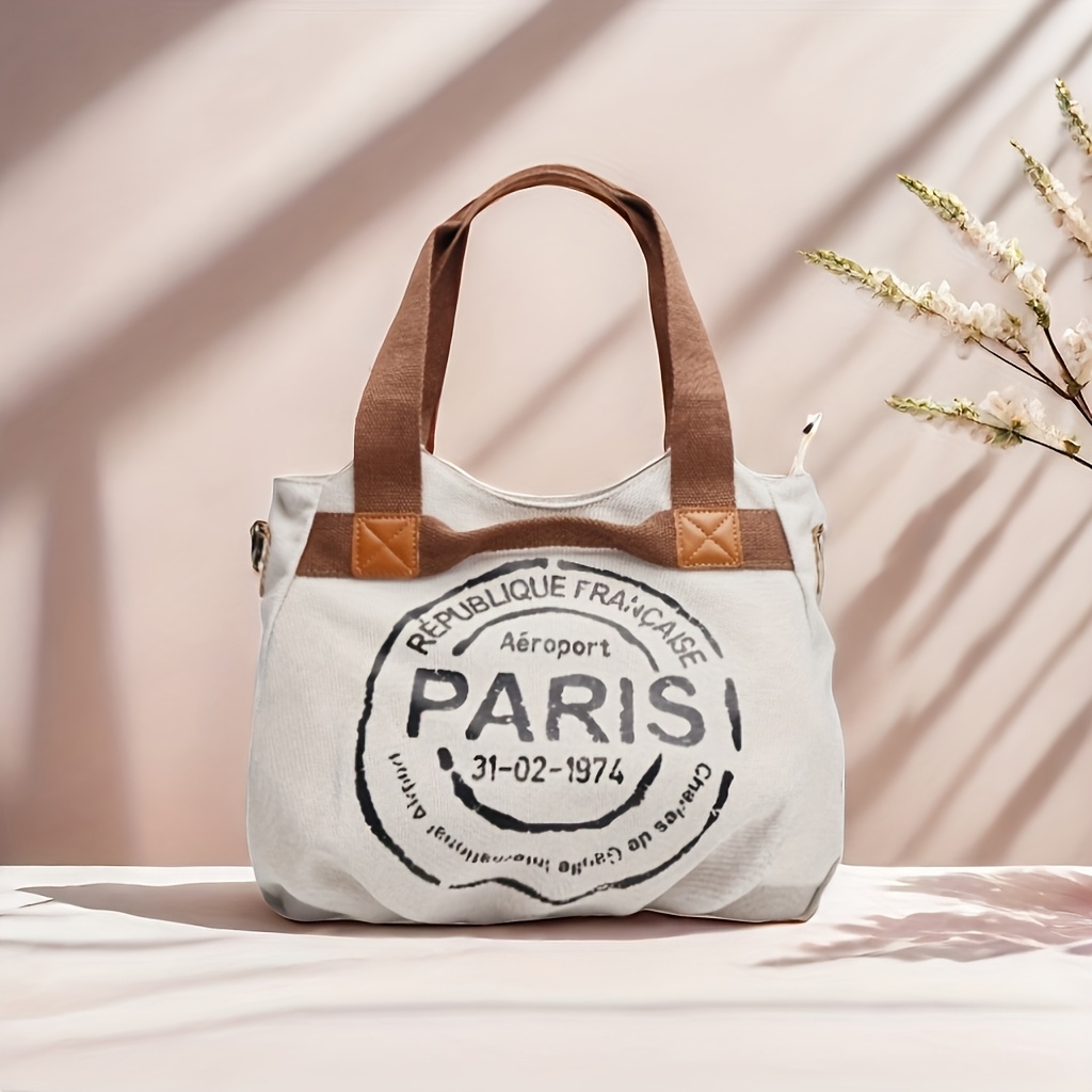 

Paris Print Tote Bag For Women, Large Capacity Casual Shoulder Messenger Bag With Zipper Closure, Polyester Lined, Versatile Crossbody Handbag