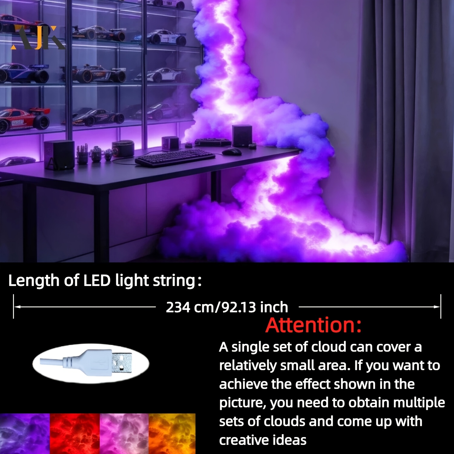 TEMU Ajk 3d Thunder Cloud Lamp, 234cm Led String Light. Music-sync Flashing, Vibrant Lightning Effects. Suitable For Diverse Scenes Holiday