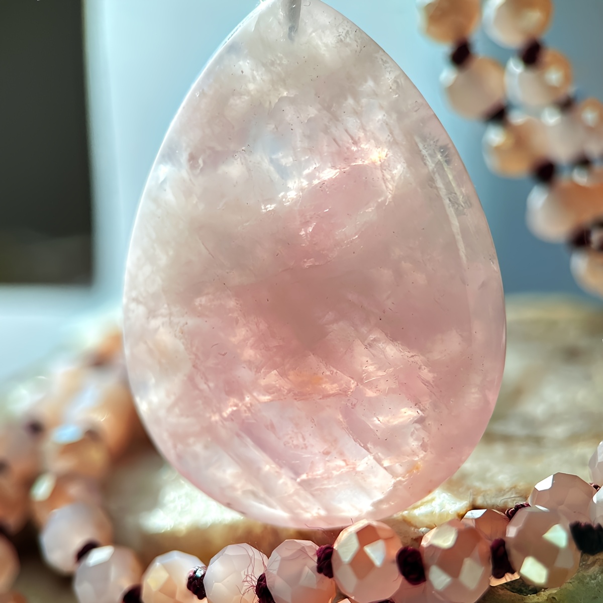 Pink Teardrop Stone Pendant Long Necklace