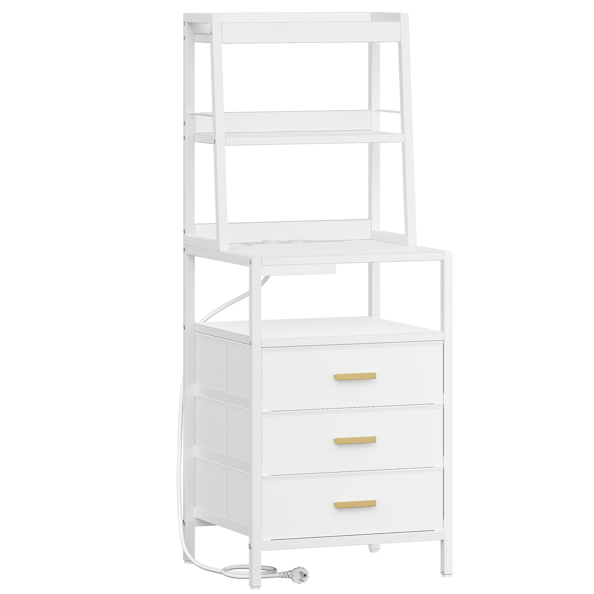 Nightstand, With Charging Station And Metal Storage Shelf, 2 Ac Outlets And 2 Usb Ports, Fabric 3-drawer End Table, For Bedroom, Living Room, White