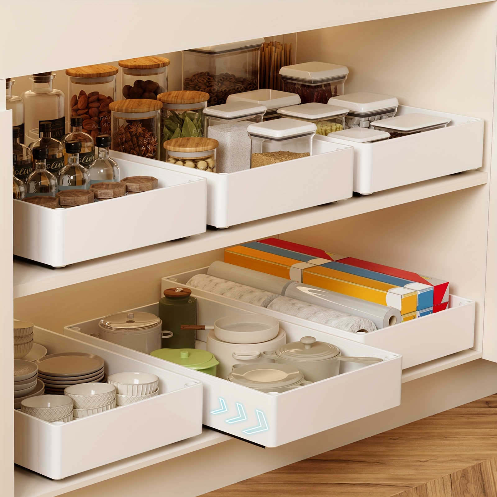 

1/2pcs Pull-out Cabinet Organizer Bins, Adhesive Sliding Drawers, Adjustable Drawer Organizers For Under Sink Storage, Bathroom Shelves, Bathroom Accessories For Pantry, Cupboard