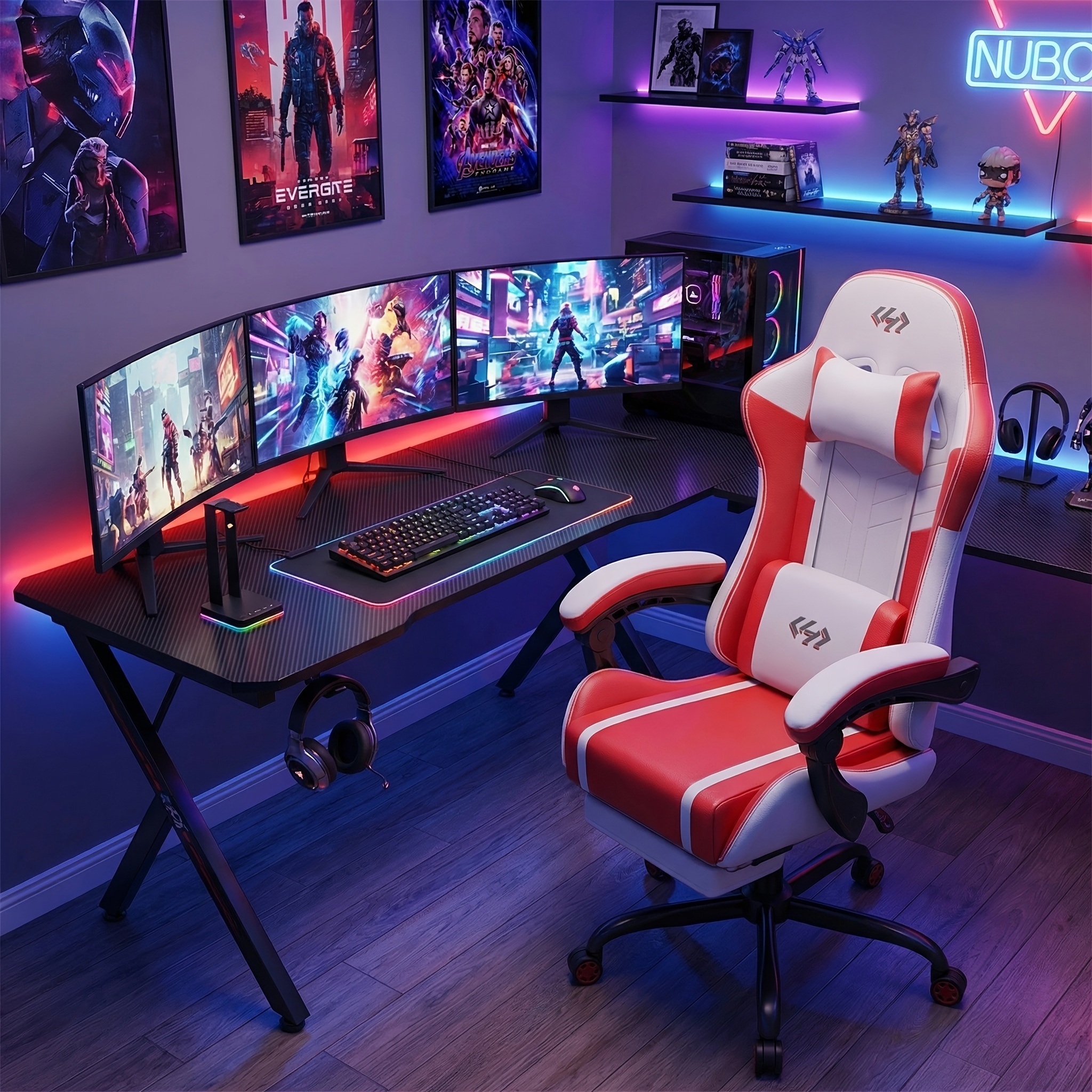 Gaming Chair with Massage Lumbar Support Ergonomic Computer Chair for Adults with Footrest and Lumbar Support with 360° Swivel Seat PU Leather Office Chair, Crafted From Durable Faux Leather, Best Gift for Father and Boyfriend