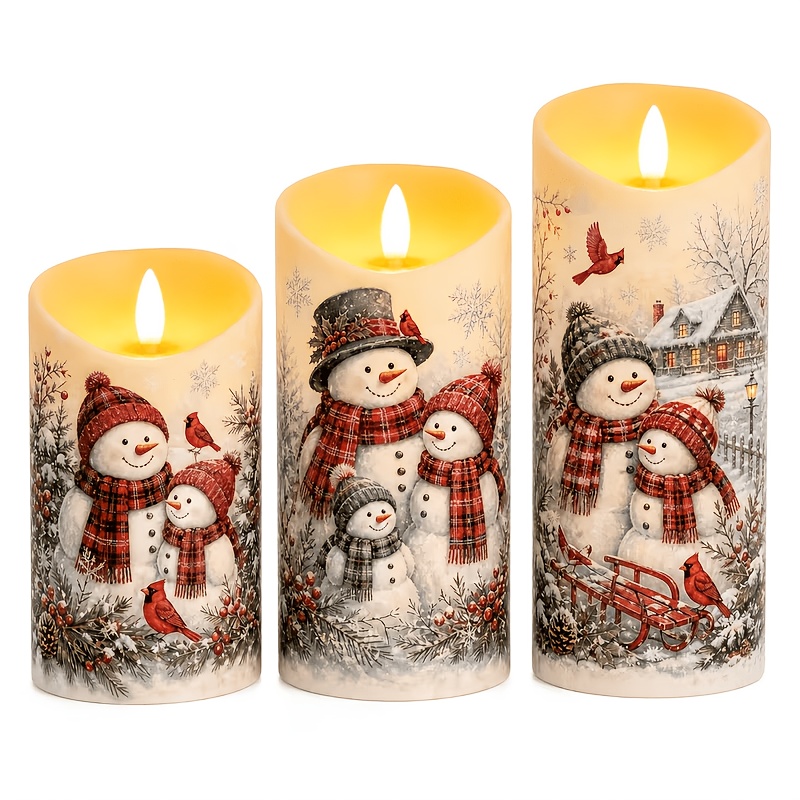TEMU 3pcs Christmas Flameless Led Pillar Candles, Snowman Family And Bird Winter Scene Design, Battery Operated Flickering Candles, Cozy Decor,
