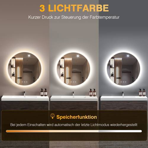item picture round illuminated bathroom mirror with 3 color temperature dimmable settings led bathroom mirror touch switch and memory function