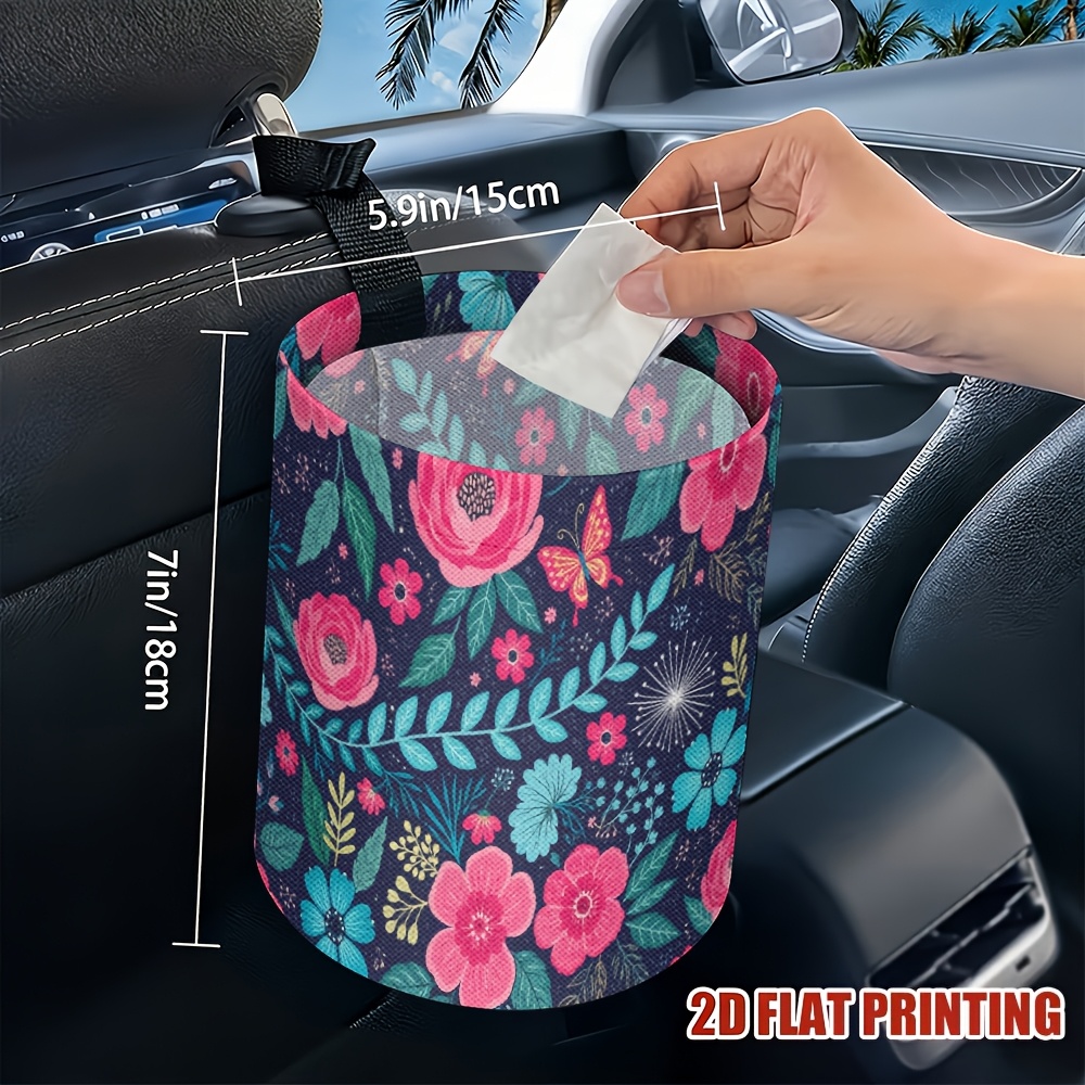 TEMU 1pc Beauty Pink Flowers Car Trash Can Dustbin - Trash Bin For Kitchen Camping, Car Interior Accessories For Women, Car Garbage Organizer, Car