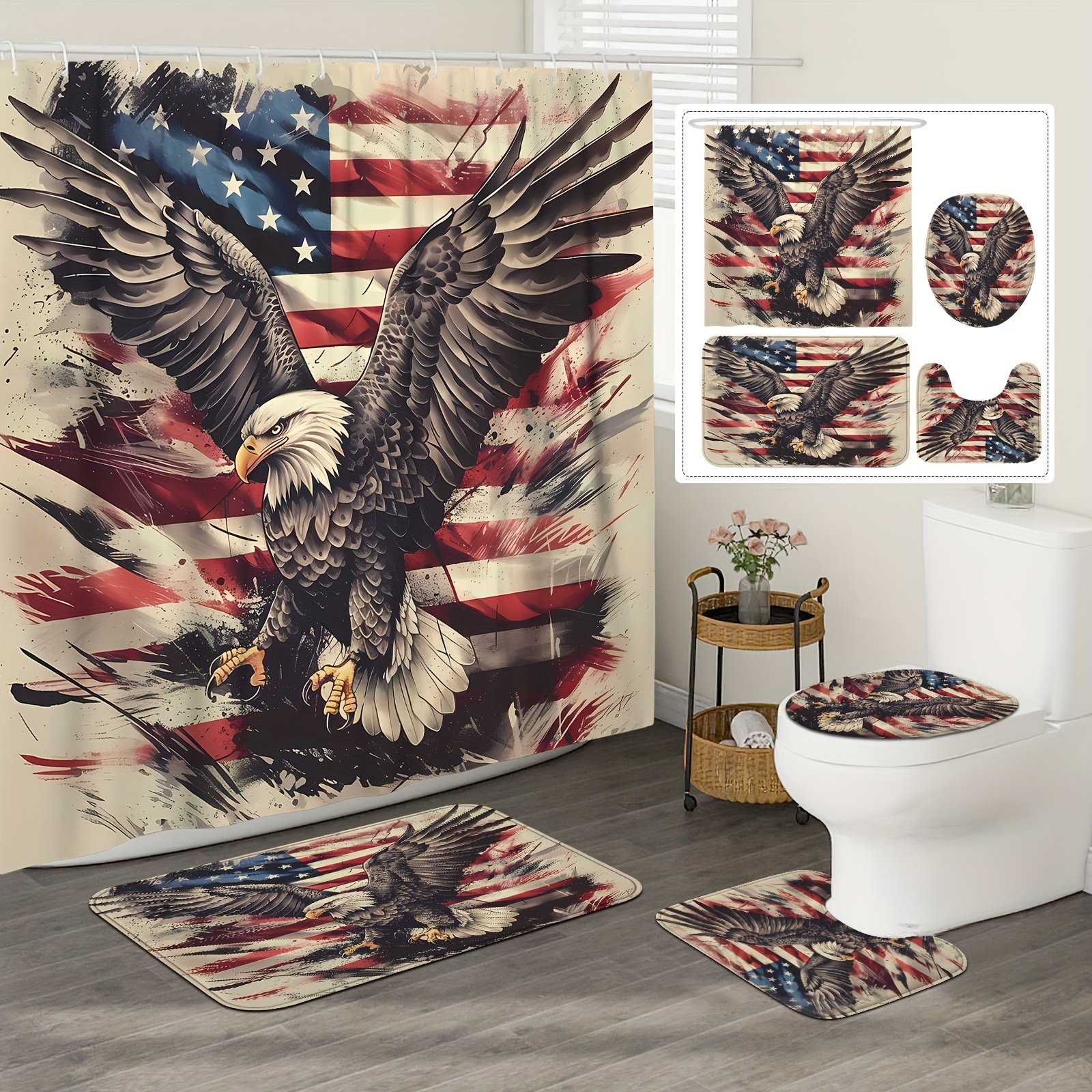 

1/4pcs Vintage Eagle Flag Pattern Bathroom Shower Curtain Set, Waterproof Curtains With Plastic Hooks, Bathroom Carpet, U-shaped Mat, Toilet Cover Mat, Bathroom Decor, 4th Of , Decor