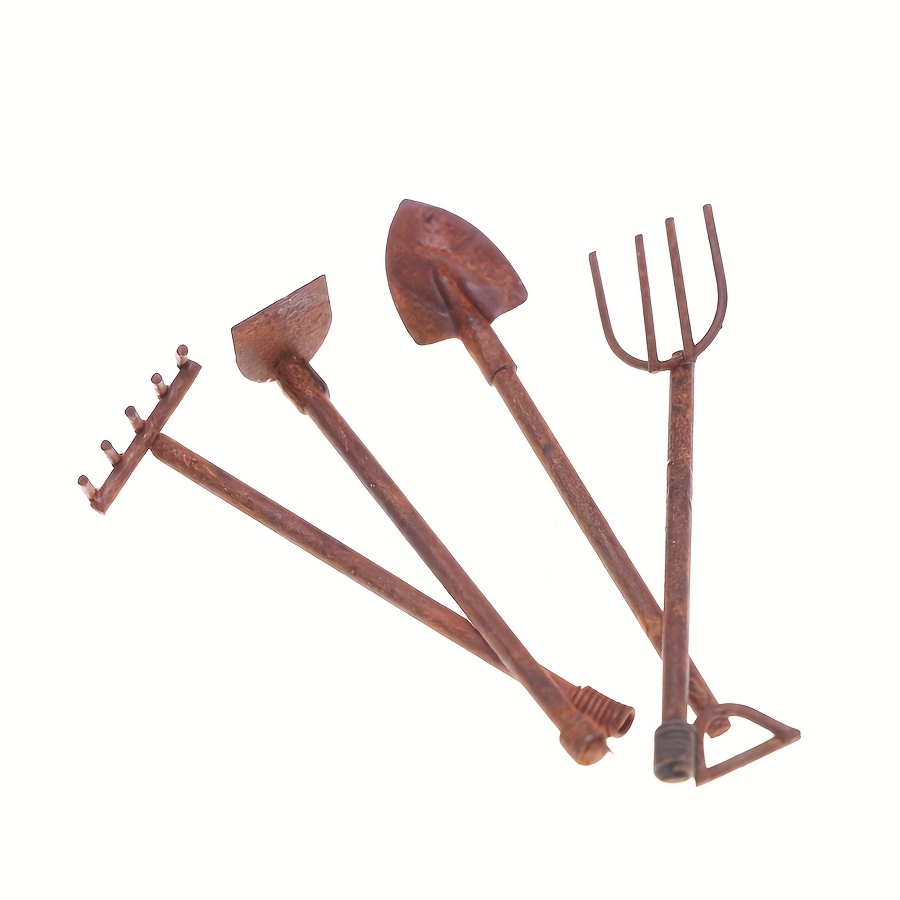 Image of 4pcs, Dollhouse Mini Rust Garden Tool Model Ornaments, Micro Landscape Garden Scenery Model Ornaments, Miniature Home Scene, A Collection Gift For Hobbyists And Enthusiasts