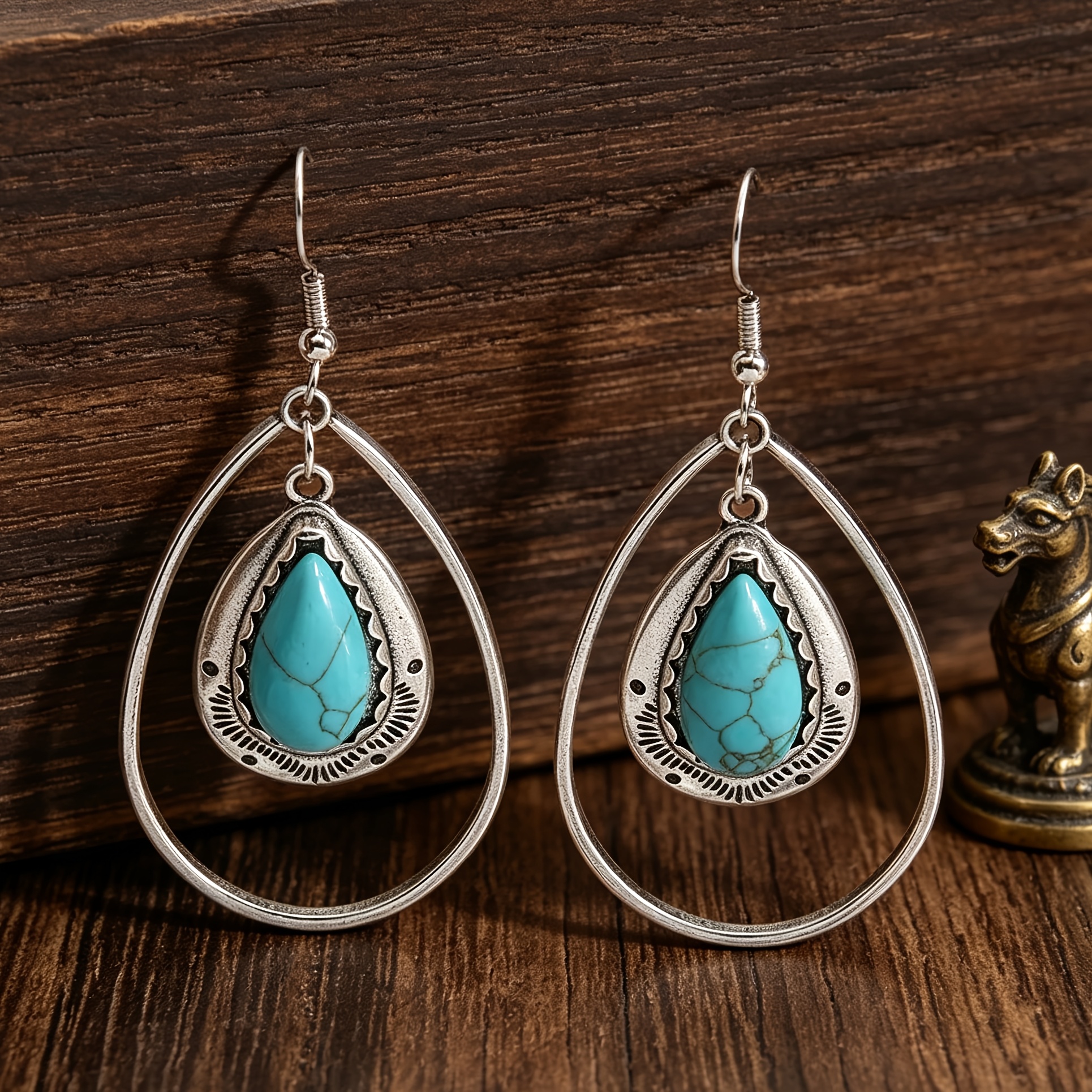 TEMU Pair Of Vintage Teardrop Openwork Earrings, Bohemian Style Turquoise Distressed Dangle Earrings, Western Style Women's Everyday Versatile Niche