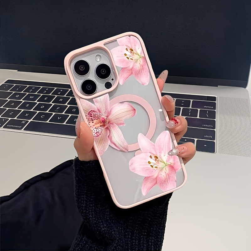 E-shop Handyhülle - Rosa Blumen Lilien Orchidee Muster Weiche Farbe Magnetische Handyhülle, Kompatibel mit iPhone 11/12/13/14/15 PLUS/16 Pro Max/17