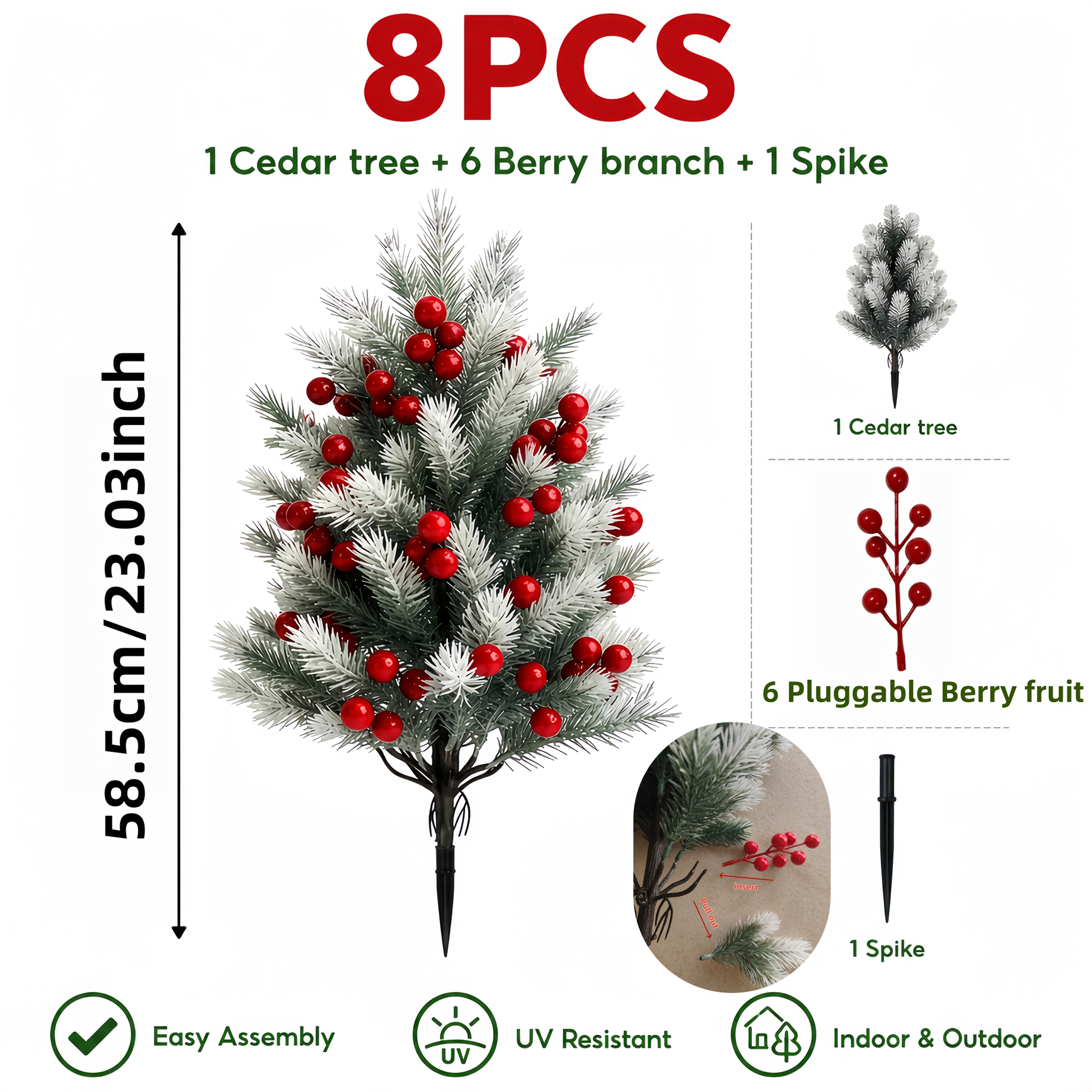 TEMU 8pcs Large Artificial Cedar With Red Berries Tree Set - 1 Tree + 6 Red Berries + 1 . Suitable For Garden And Courtyard Holiday Decorations,