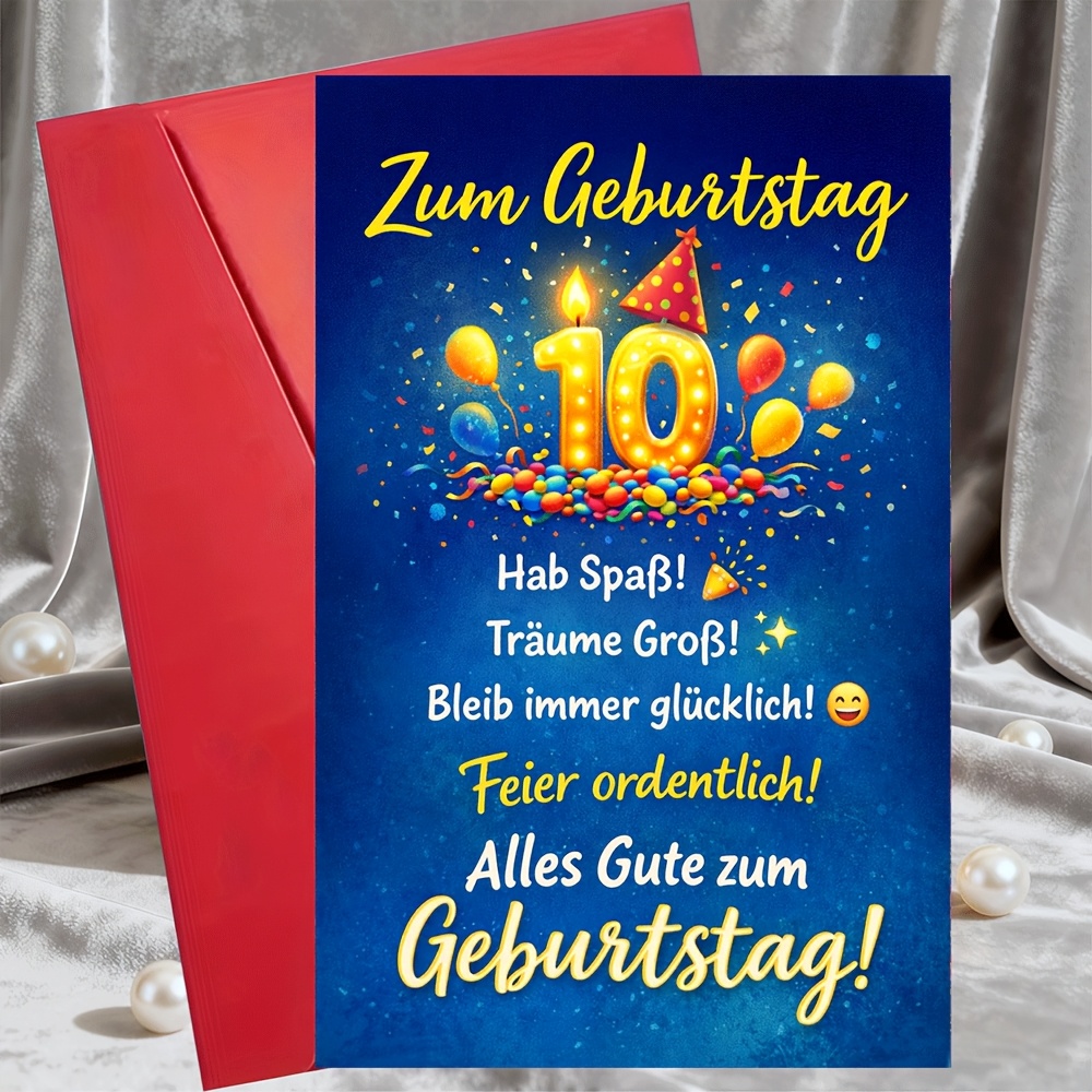 TEMU 1 Greeting Card + 1 Envelope10th Birthday Card German Zum Geburtstag Bright Candle Balloons Party Design For Son Daughter Niece Nephew From