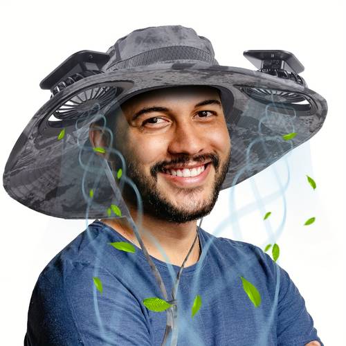 solar fan sun hat widen brim outdoor fishing men hat with 2 fans adjsutable 180 rotating fan cooling upf 50 hat