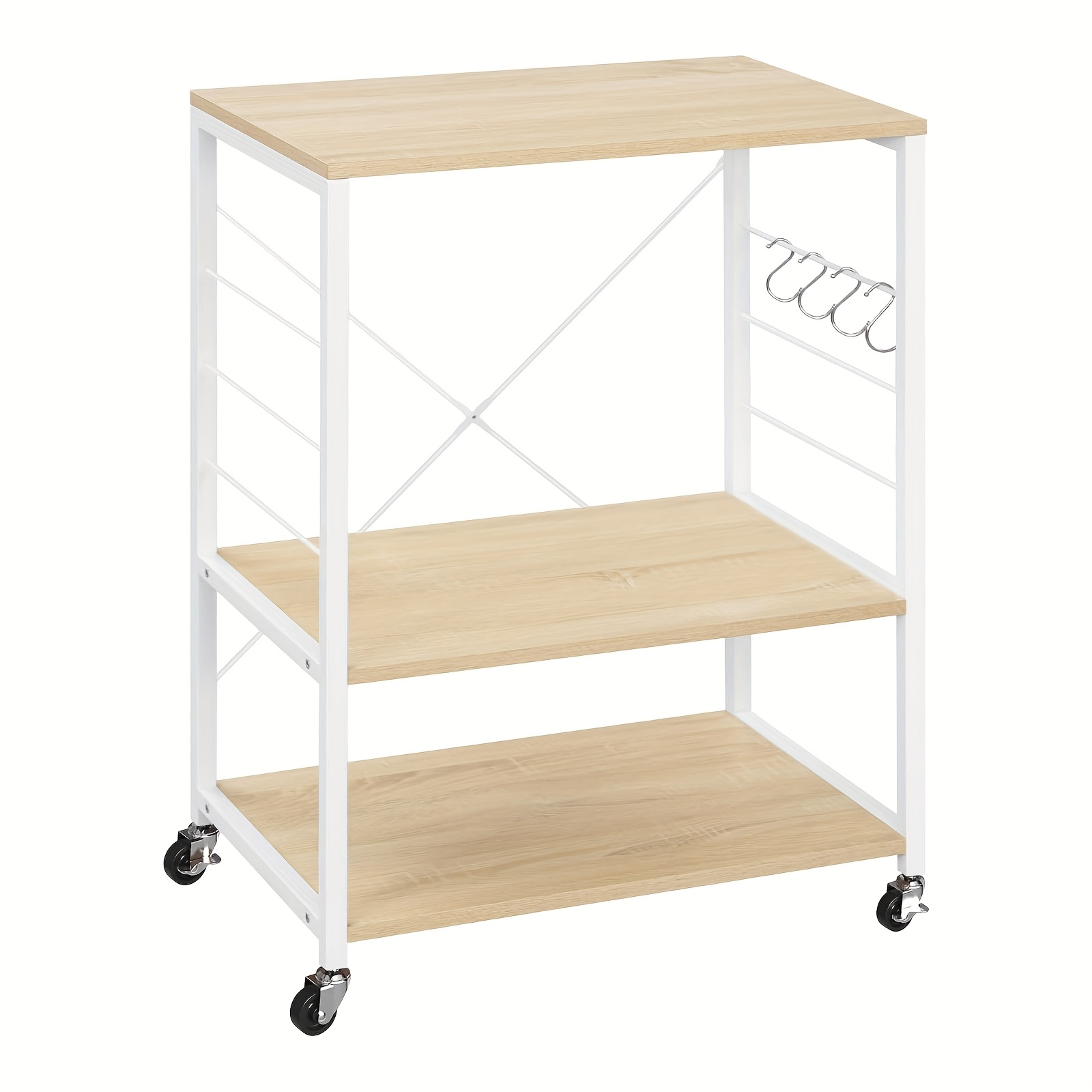 1pc Kitchen Shelf On Wheels, Oven Rack, Microwave Shelf, Serving Trolley, 3 Tier Microwave Holder, 4 Hooks, Metal Frame, 60 X 40 X 82.5cm