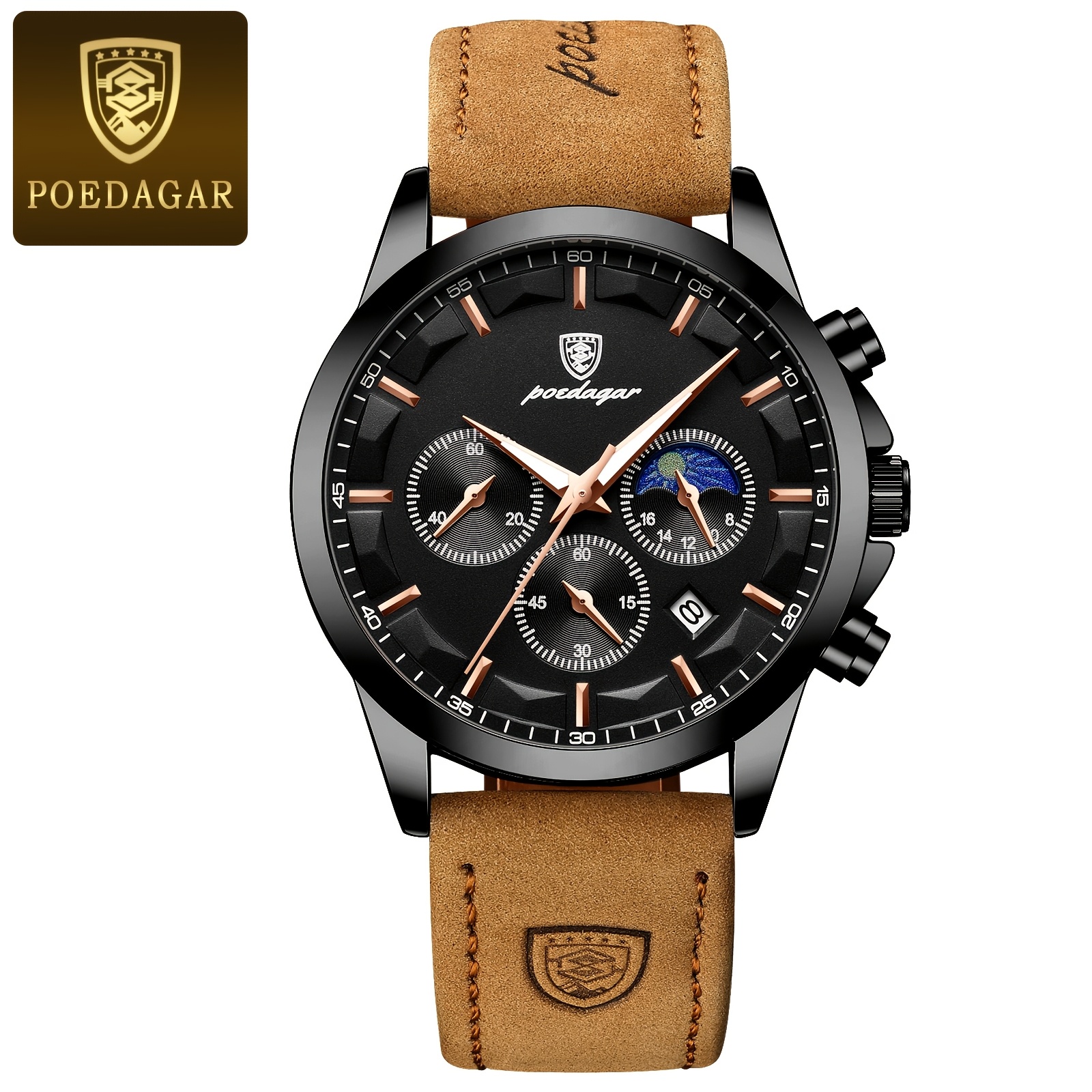 Poedagar Business Retro Men's Watch Chronograph Waterproof Calendar Men's Wristwatch 24-hour Day Night Display Quartz Men's Watches