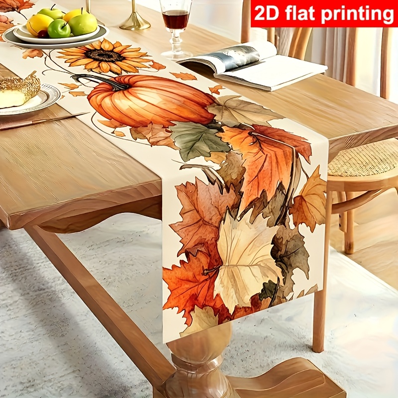 TEMU 1pc Autumn Pumpkin Sunflower Maple Leaf Table Runner, 2d Flat Printing Polyester Fabric Table Decor, Thanksgiving Theme Dining Table Runner,