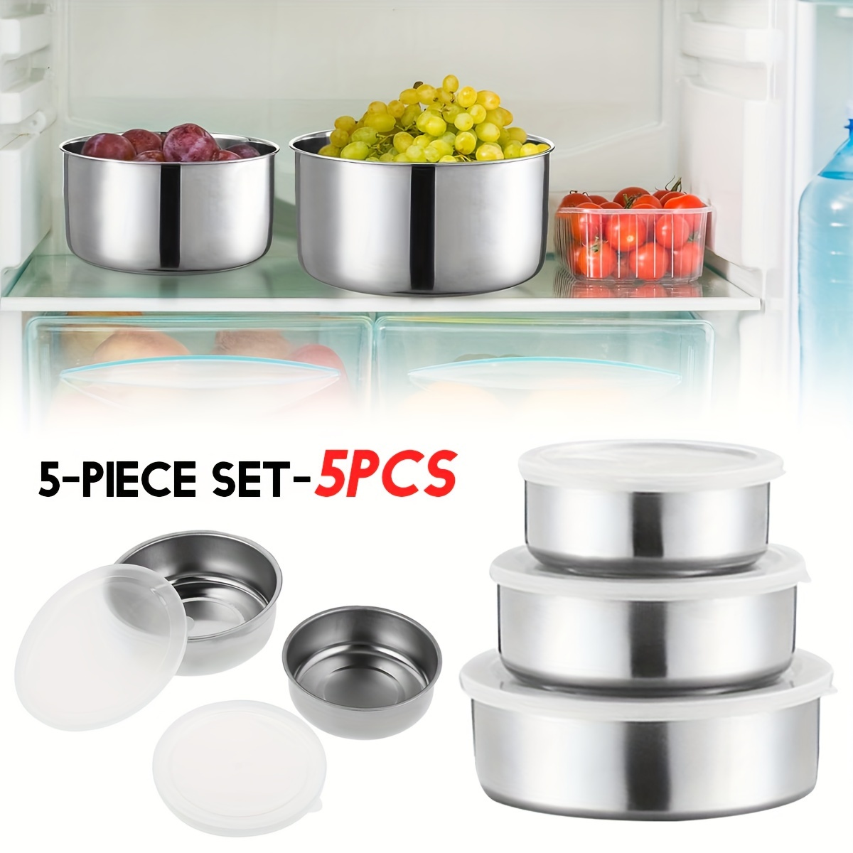 

easy-clean" 5-piece Stainless Steel Food Storage Set - Leakproof, Airtight Lids For Meal Prep & Lunch Boxes