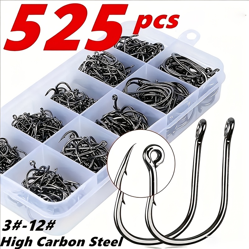 Image of 525pcs Fishing Hooks High Carbon Steel Fishing Hooks With Barbed Hooks, Suitable For Freshwater And , Fishing Accessories Packaged In Box
