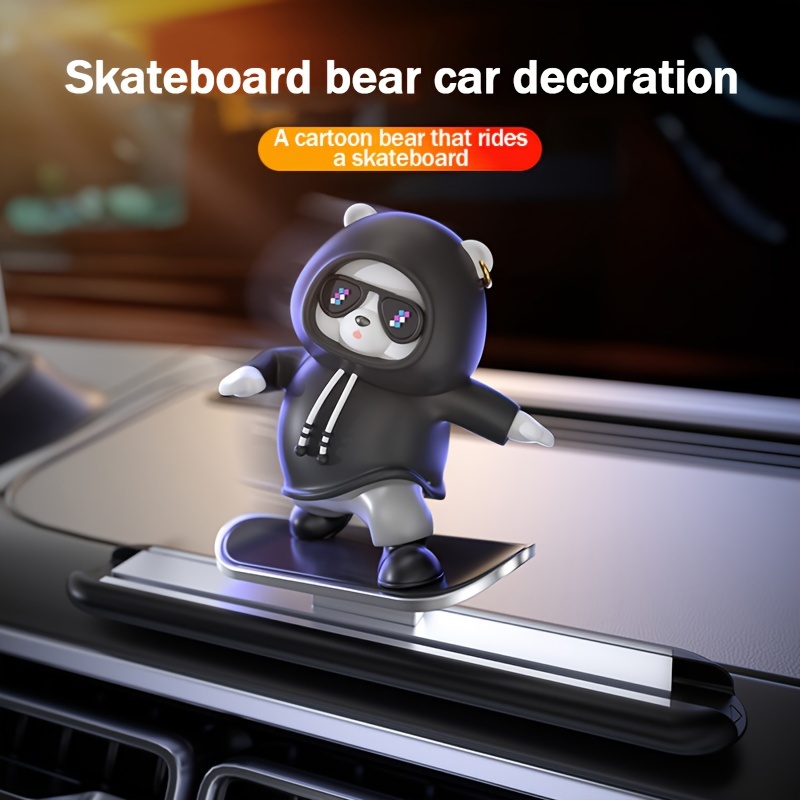 

Skateboarding Car Dashboard Decor – Cute Cartoon Bear Silicone Ornament With Fashion Glasses, Self-adhesive No Installation Needed, For Office & Bedroom, Rides