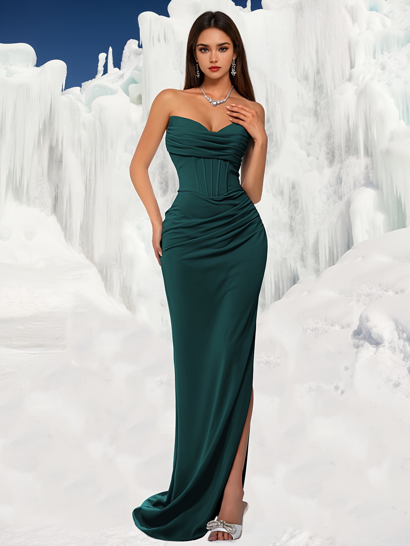dark green strapless dress Dark Green Sheer-Bodice Long Satin Gown PK3005