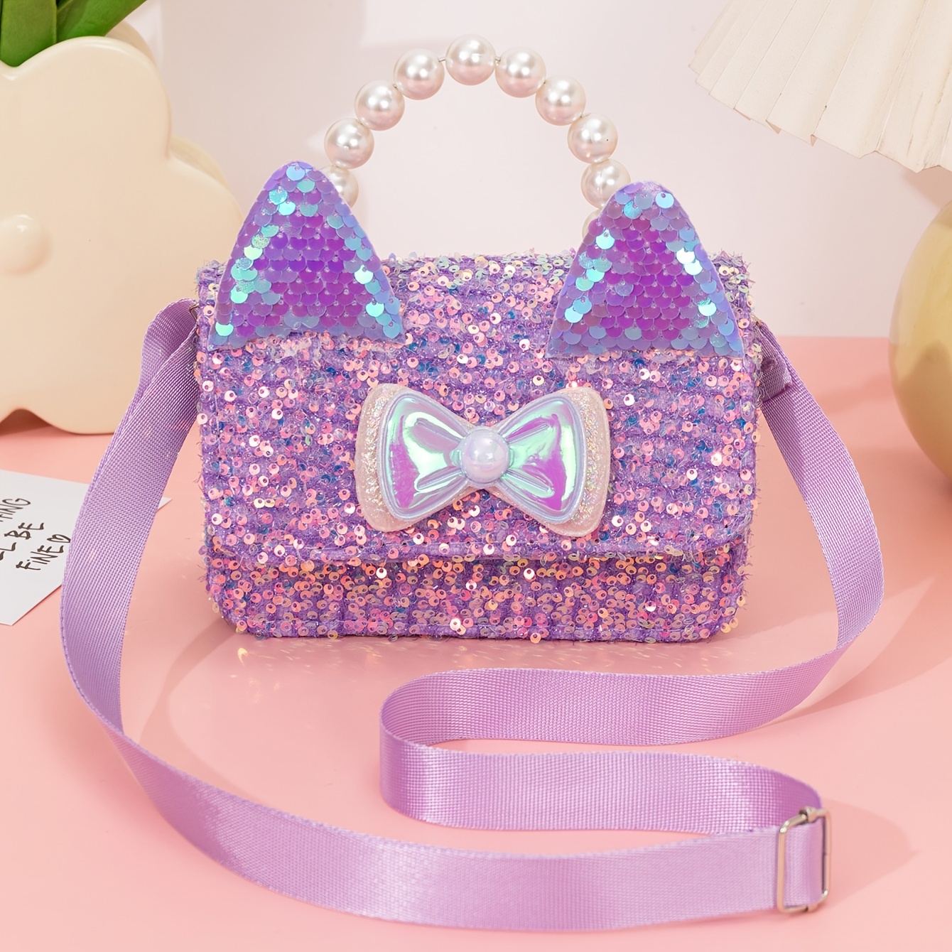 TEMU 1 pièce Sac à main en à paillettes avec oreilles de chat et nœud décoratif, Sac bandoulière, Convient pour , Cadeau de rentrée scolaire, Cadeau