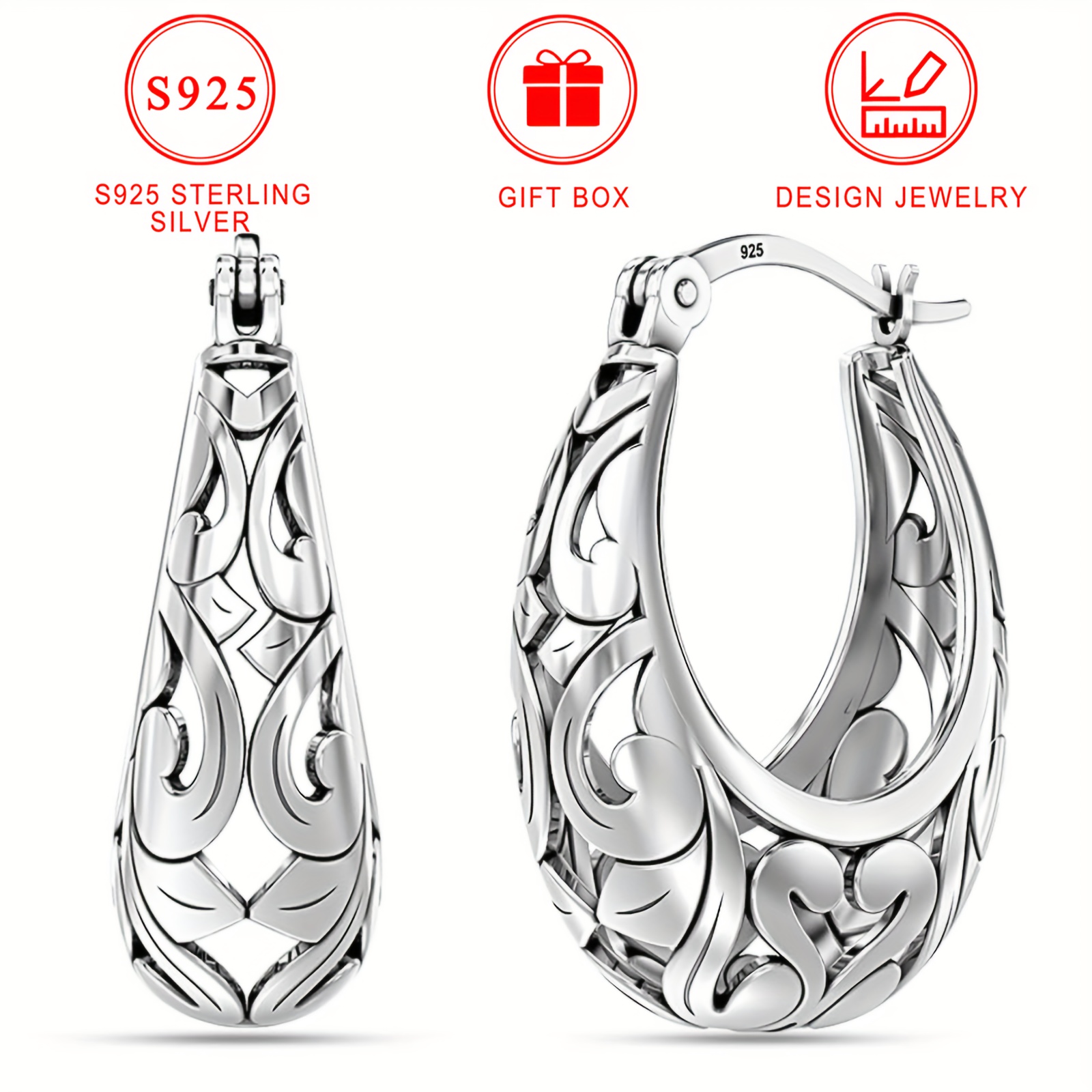 

Elegant S925 Sterling Silver Hollow-out Earrings, Hypoallergenic Lightweight Hoop Earrings For Women, Ideal For And Gift-giving, Includes Gift Box - Suitable