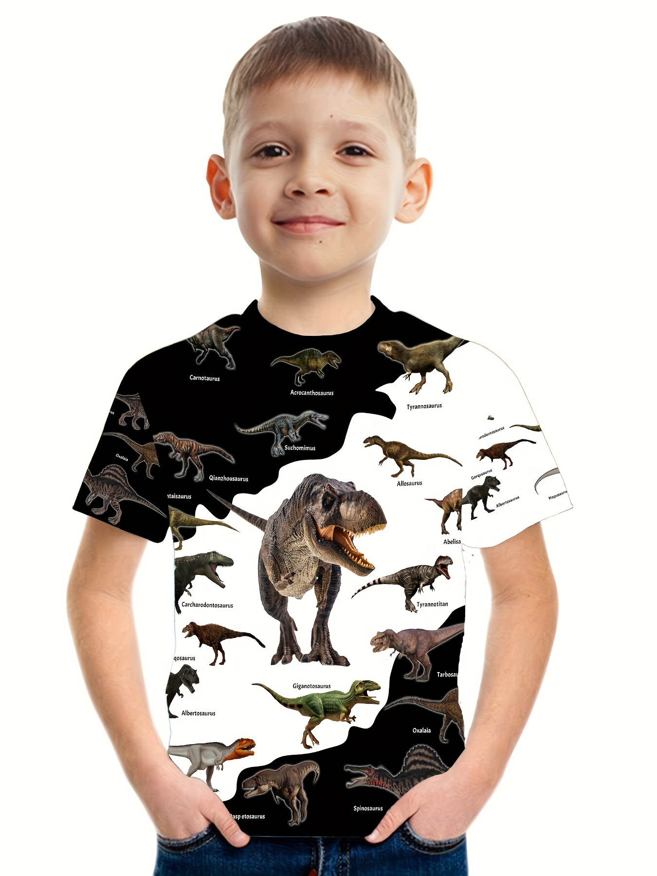 3D Digital Dinosaur Print Boys Creative T-Shirt Casual Lightweight Comfy Short Sleeve Tee Tops Kids Clothings For Summer