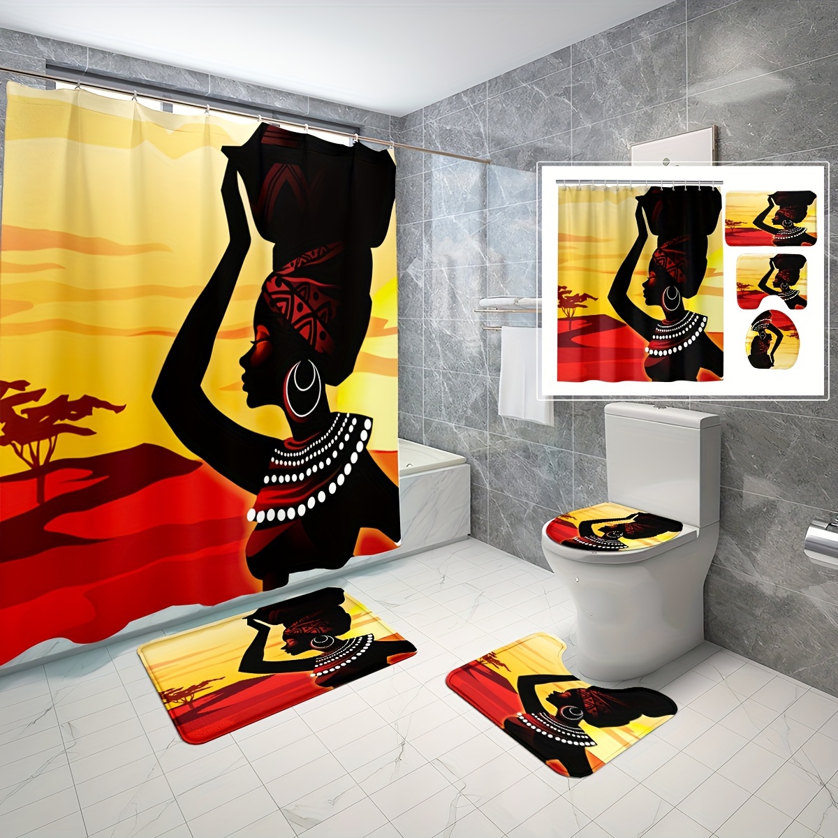 

1/3/4pcs African Goddess Pattern Shower Curtain Set, Shower Curtain With 12 Hooks, Non-slip Bath Mat, U-shaped Toilet Mat, Toilet Mat, Bathroom Decor Accessories