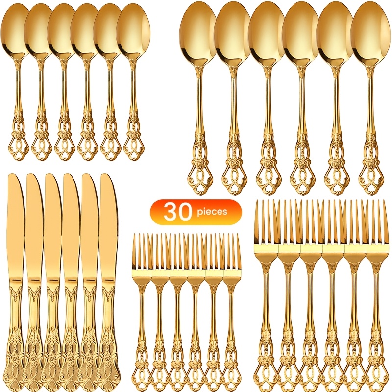 

Elegant 30pcs Golden Stainless Steel Cutlery Set - Includes Knife, Fork, Spoon & Dessertspoon For 6 - Home, Restaurant Use & Gift With Gift Box, Flatware, Dinnerware, Utensil Set