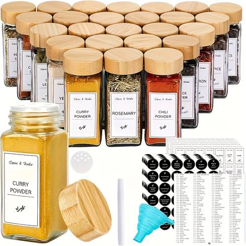 6/12 stuks kruidenpotjes set, glazen kruidenpotjes met etiketten, 120 ml lekvrije afgesloten containers, kruiden afgesloten potten, bewaarcontainers, met bamboe deksel en stijlen dispensing deksel, complementaire siliconen trechter, schoonmaakborstel, marker pen