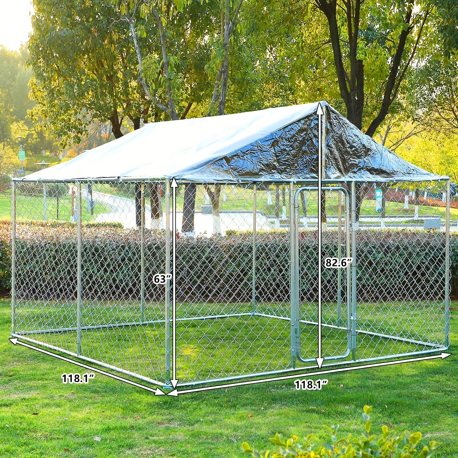 TEMU Dog Kennel Outdoor Large Dog House Outside With Waterproof Canopy, Heavy Duty Dog Playpen Galvanized Anti-rust Dog Cage For Farm Backyard Garden (118'' L X 118'' W X 83'' H)