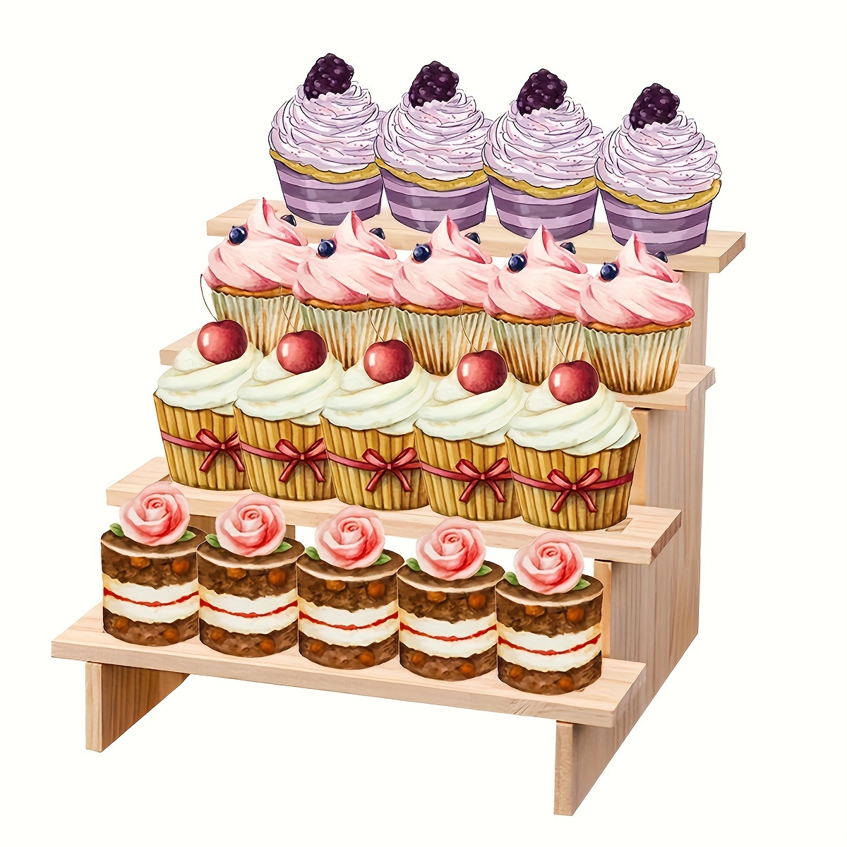 

1pc Rustic Wooden Dessert Stand Multi- Display Shelf For Catering, Tea Party, Banquet Decoration - Multilayer Staggered Styling Prop For Pastries, Cupcakes, And Sweet Treats (log Material, Versatile )