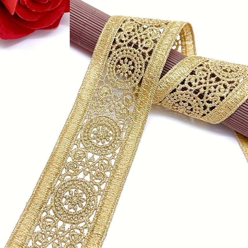Image of Golden Embroidered Lace Trim - Intricate Floral & Geometric Patterns, Elegant Diy Craft Ribbon For Sewing, Knitting, And Home Decor Projects, Diy Craft Supplies | Luxury Decoration | Detailed