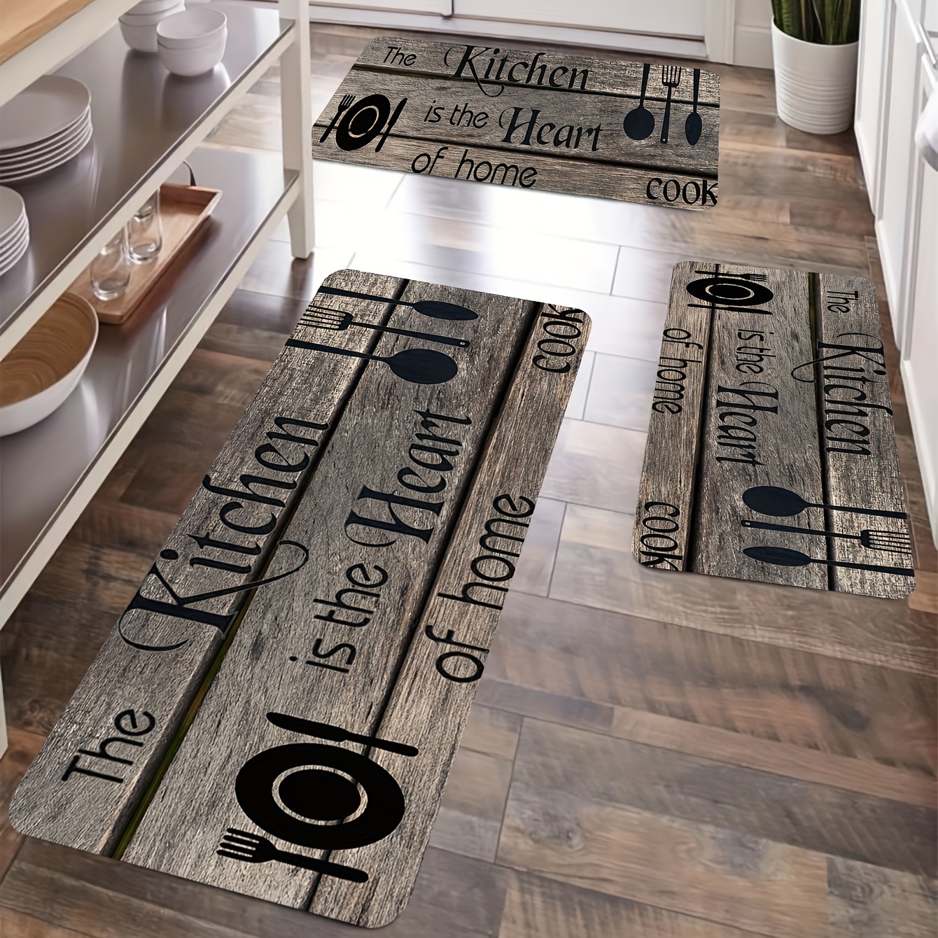 

3-piece Set Non-slip Absorbent Kitchen Mats, Polyester Flannel Doormats With "the Kitchen Is The " Design, Machine Washable, Rectangular - Includes Sizes 40x60cm, 40x120cm, 60x180cm