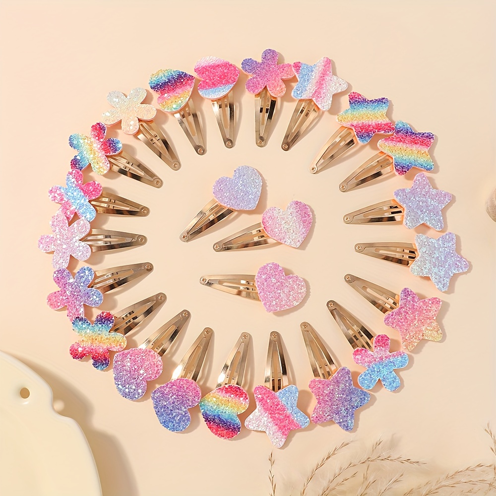 Image of 24pcs Mixed Star Heart Flower Sequins Bow Hair Clips Ponytail Hair Clips Bb Clip Hair Additions Multi-shape Hair Clips