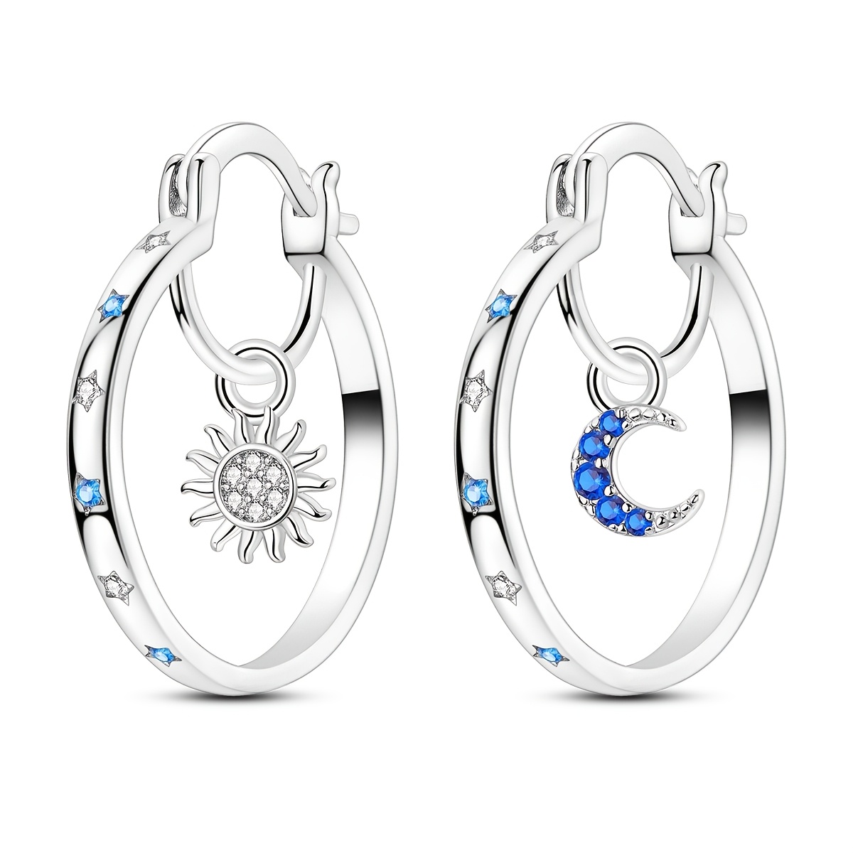 E-shop 1 Paar versilberte, einfache, blaue, kreative, asymmetrische Creolen mit synthetischem Zirkonia in Form von Sonne, Mond, Stern im Inneren,