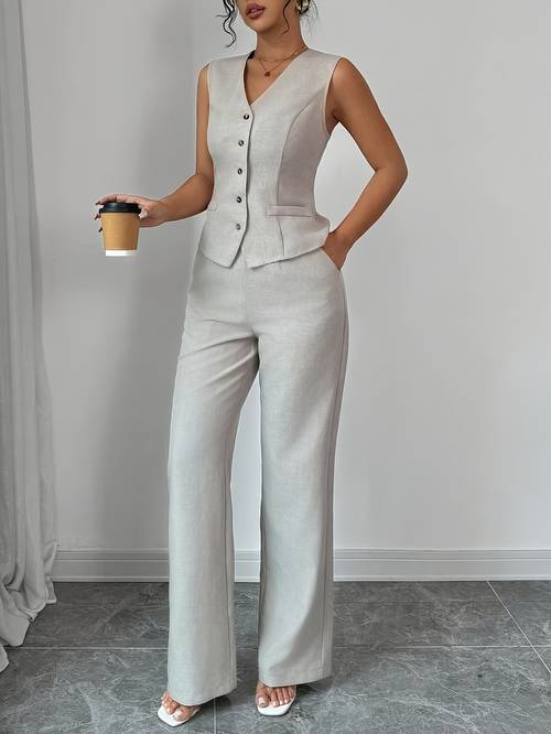 new summer womens casual elegant chic solid color sleeveless single breasted waist cinching vest high waist wide leg pants 2pcs set