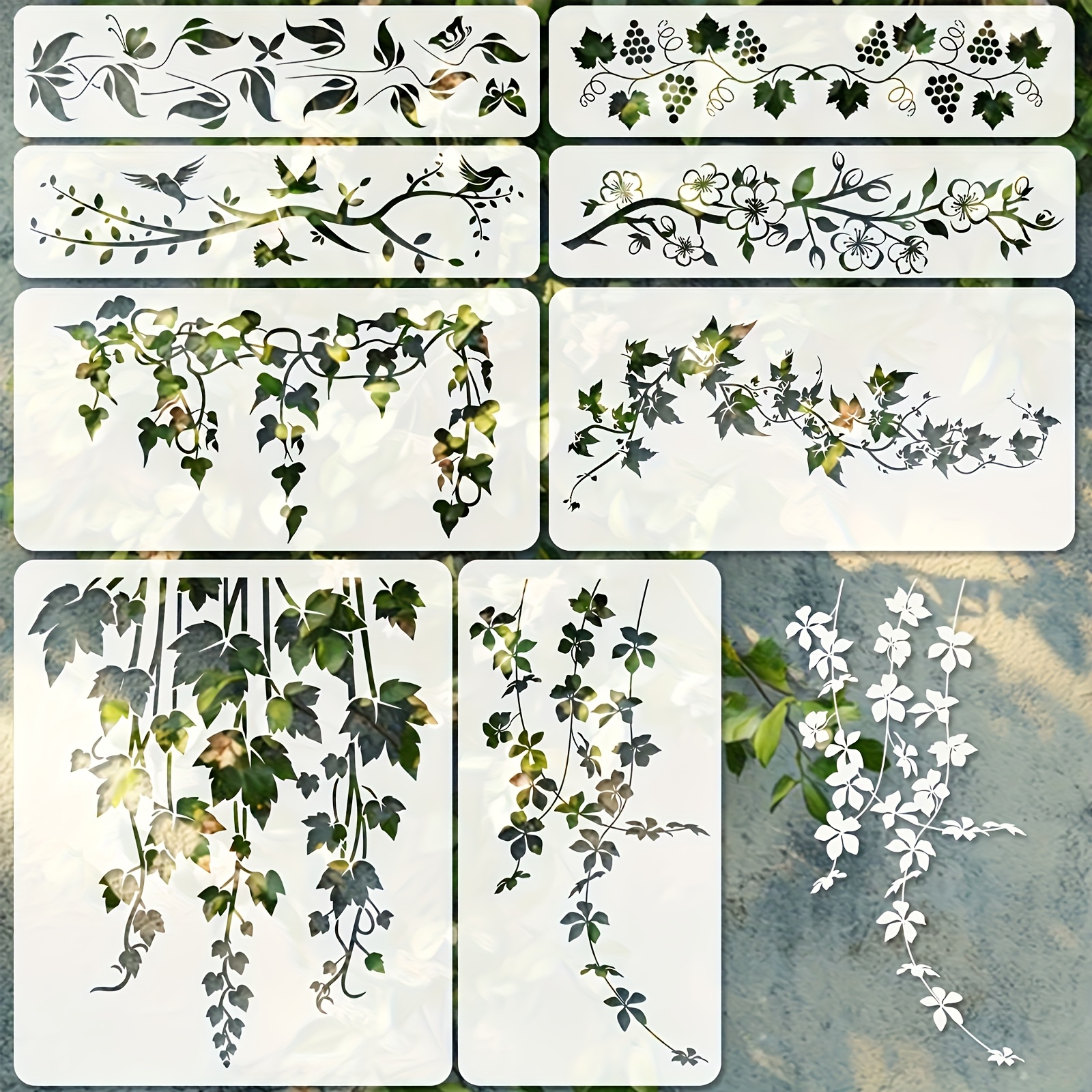 TEMU Set Of 8 Large Grapevine Stencils For Wood Painting, Reusable Art And Craft Templates Featuring Vines, Leaves, Flowers, Butterflies, Branches,