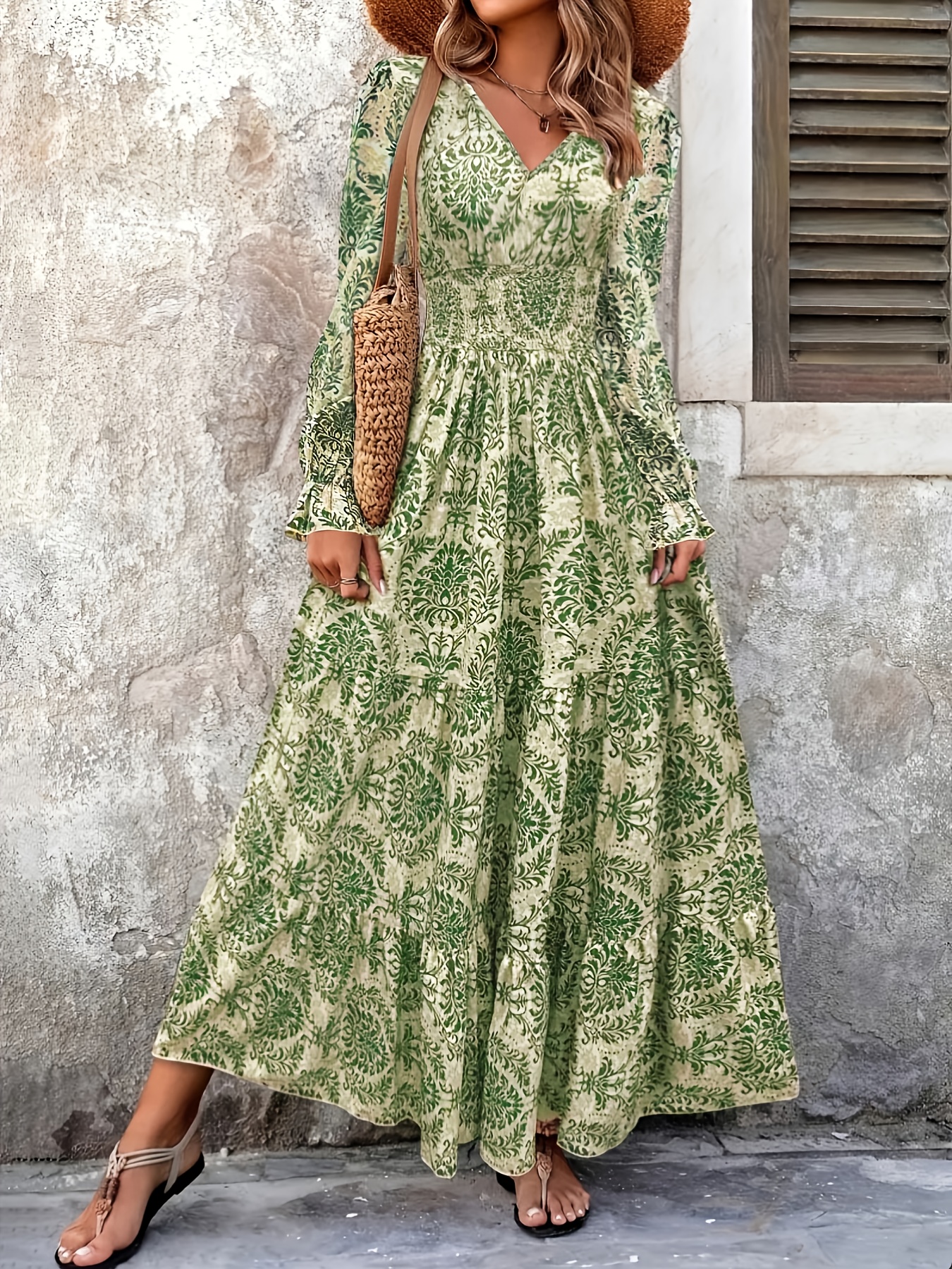 chinese dress ladies Women's Vintage Western Maxi Dress Fall Casual Loose Long Sleeve V Neck  Country Flowy Dress Flower Long Dress,Black,S at Amazon Women's Clothing  store main image 0