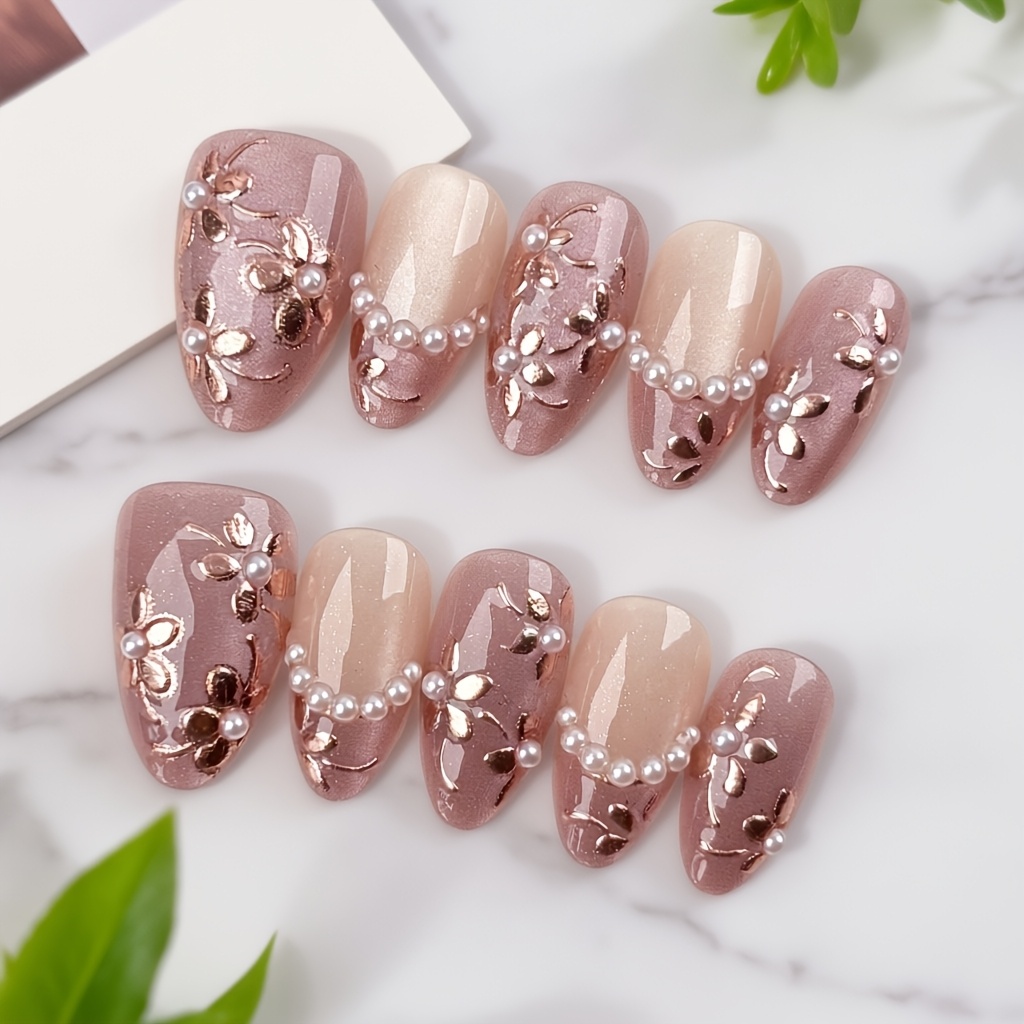 TEMU 10pcs Code-wearing Nail Ins Light Luxury Gold-plated Three-dimensional Pearl Nail Art, Purple Fine Flashing Nail Art, Sweet And Cool Full